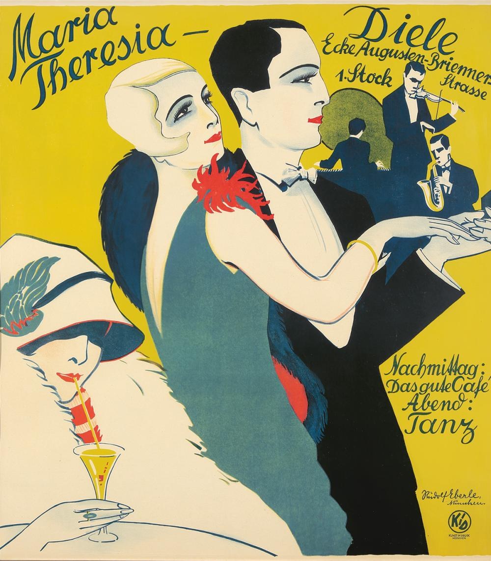 Weimar-era nightclub poster showing elegantly dressed couple and jazz musicians, advertising the Maria-Theresia-Diele in Munich.
