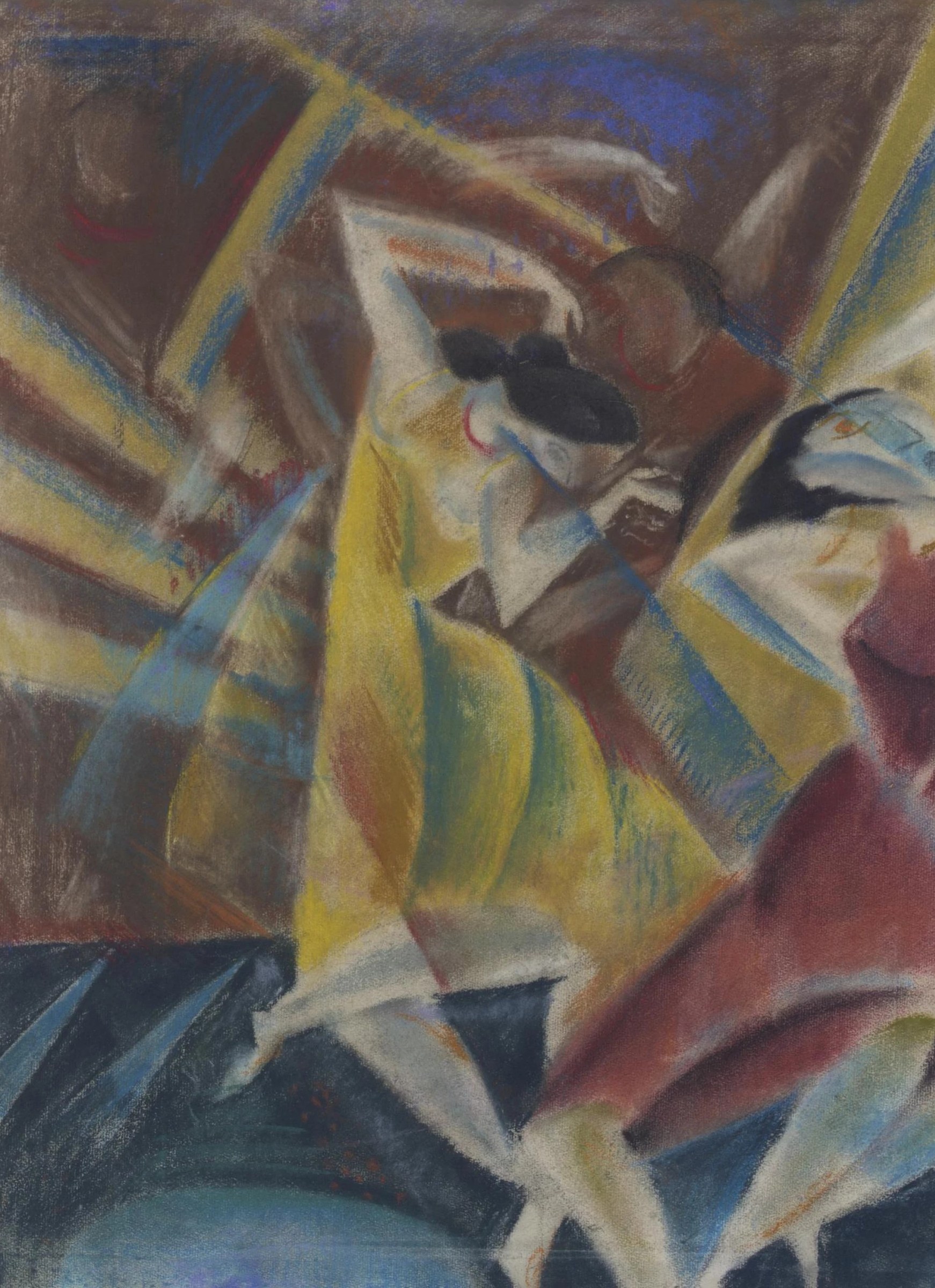 Cubist oil painting of three interlocking ballroom dancers in cream, ochre, and brown with blue and yellow geometric bands, rendered in fractured, rotating