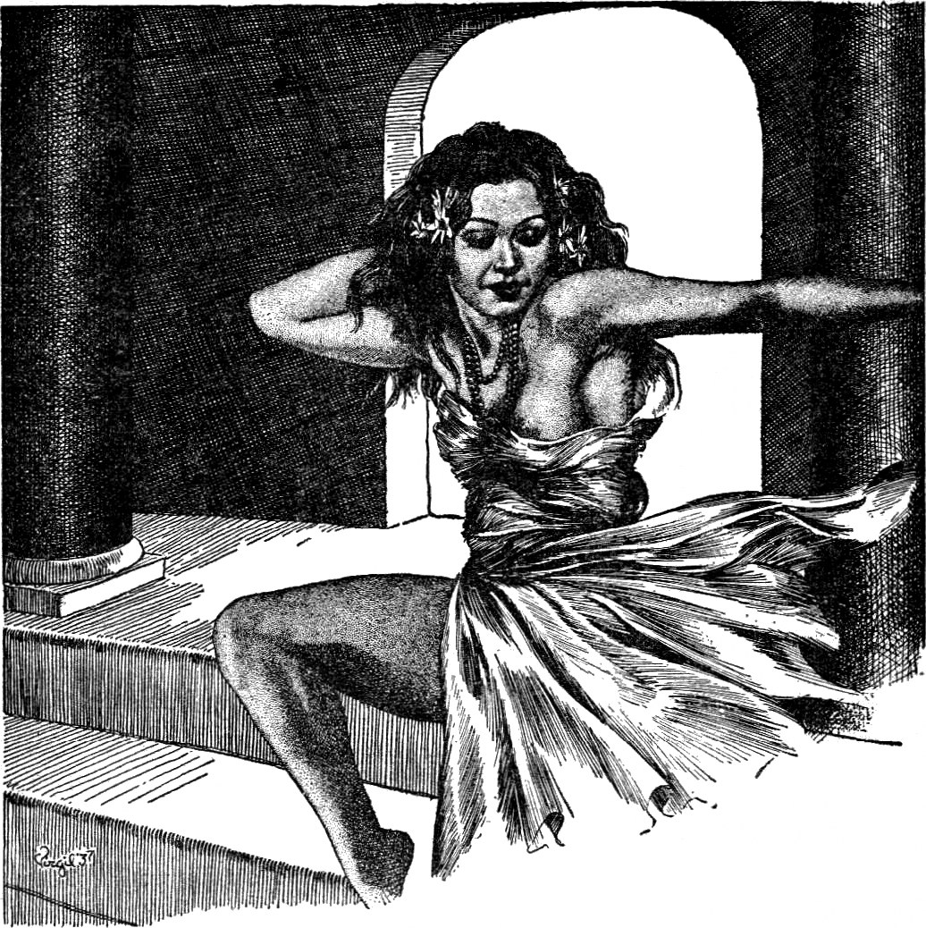 Woman in draped fabric reclining on stone bench in vaulted chamber lit from behind, rendered in fine linear engraving.