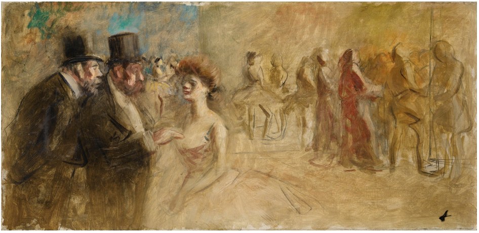 Two formally dressed men converse with a seated woman in pale gown; background figures mingle in warm-toned ballroom interior.