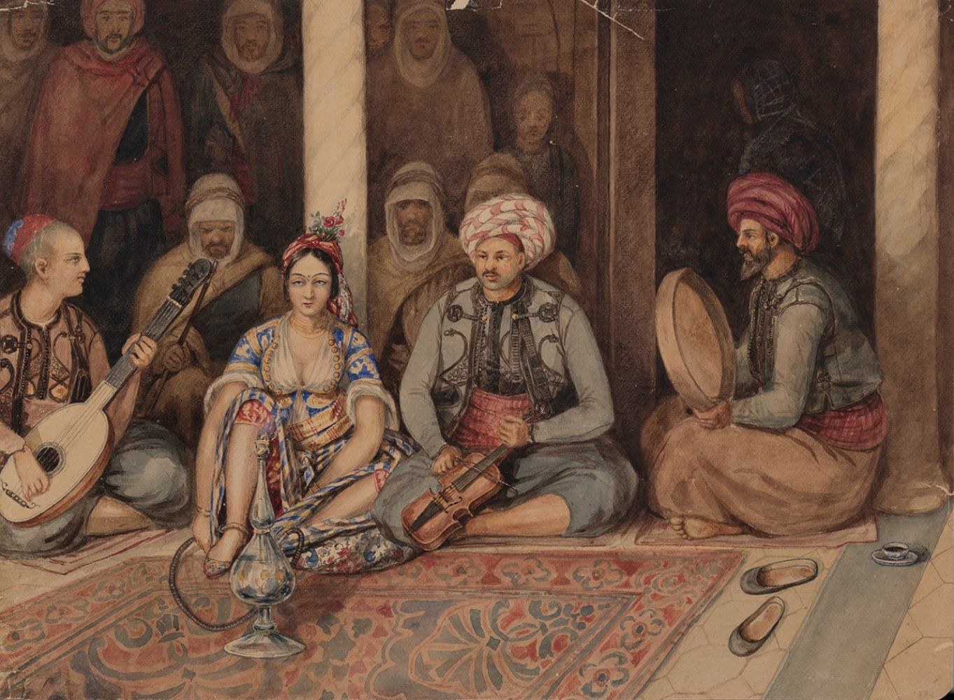 Woman in embroidered costume reclines on a carpet surrounded by four male musicians holding oud, violin, and frame drum, with attendants visible in background.