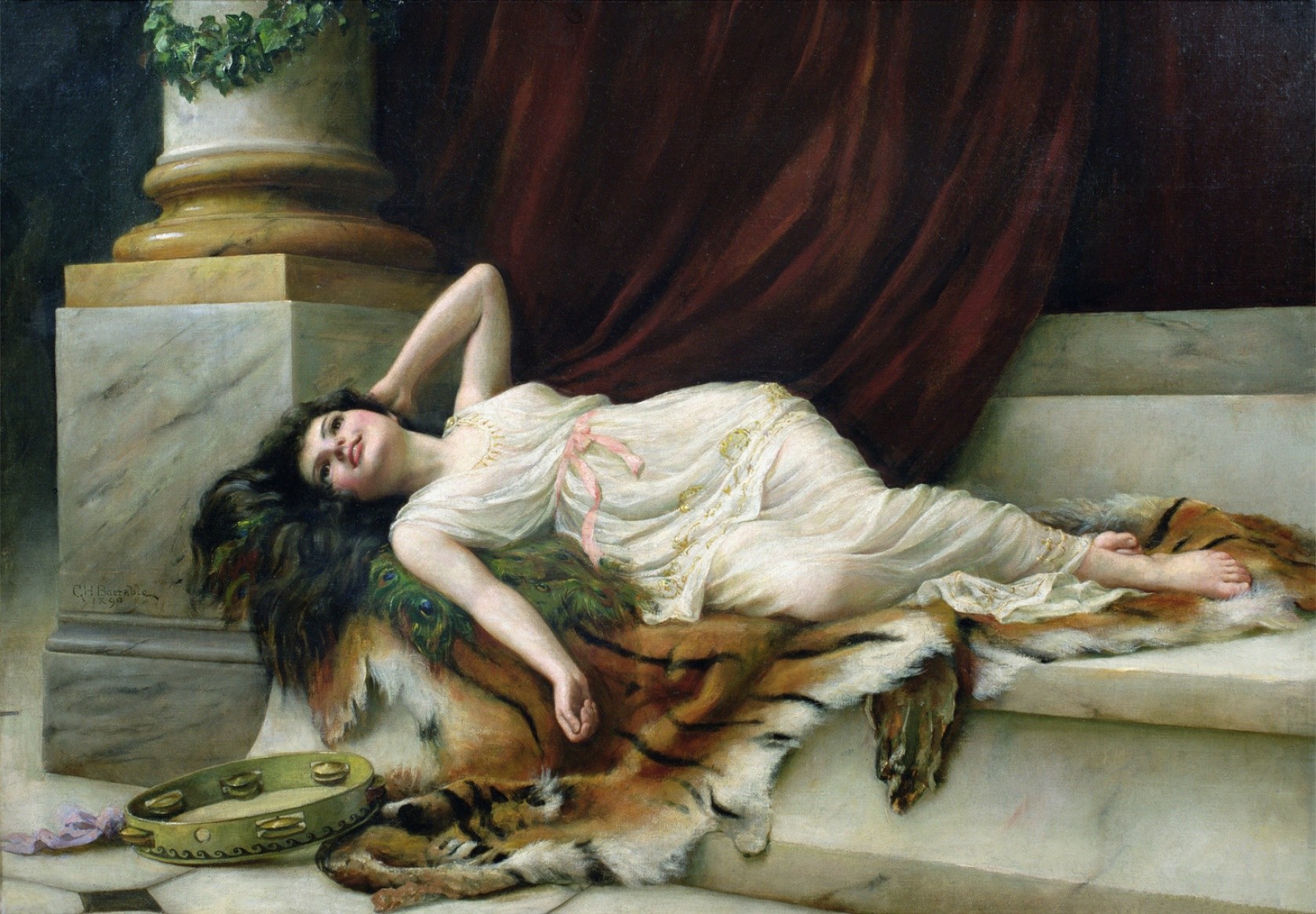 A woman in a white draped dress reclines on a marble bench, stroking a large feline. A classical column and burgundy drapery frame an orientalist interior.