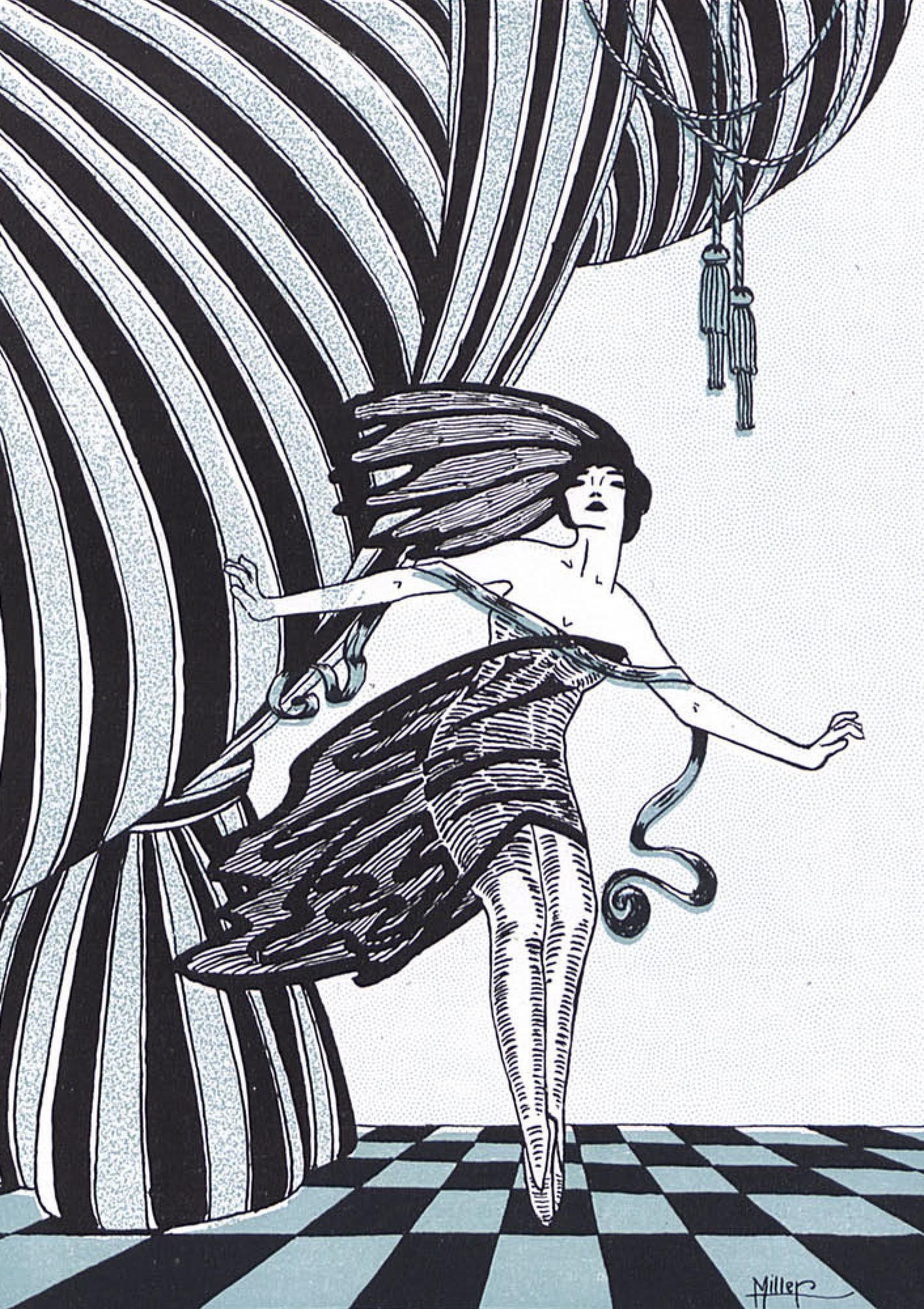 A female dancer in an art deco costume with geometric wings, head thrown back, arms open, posed in an arched lunge against radiating abstract lines and a