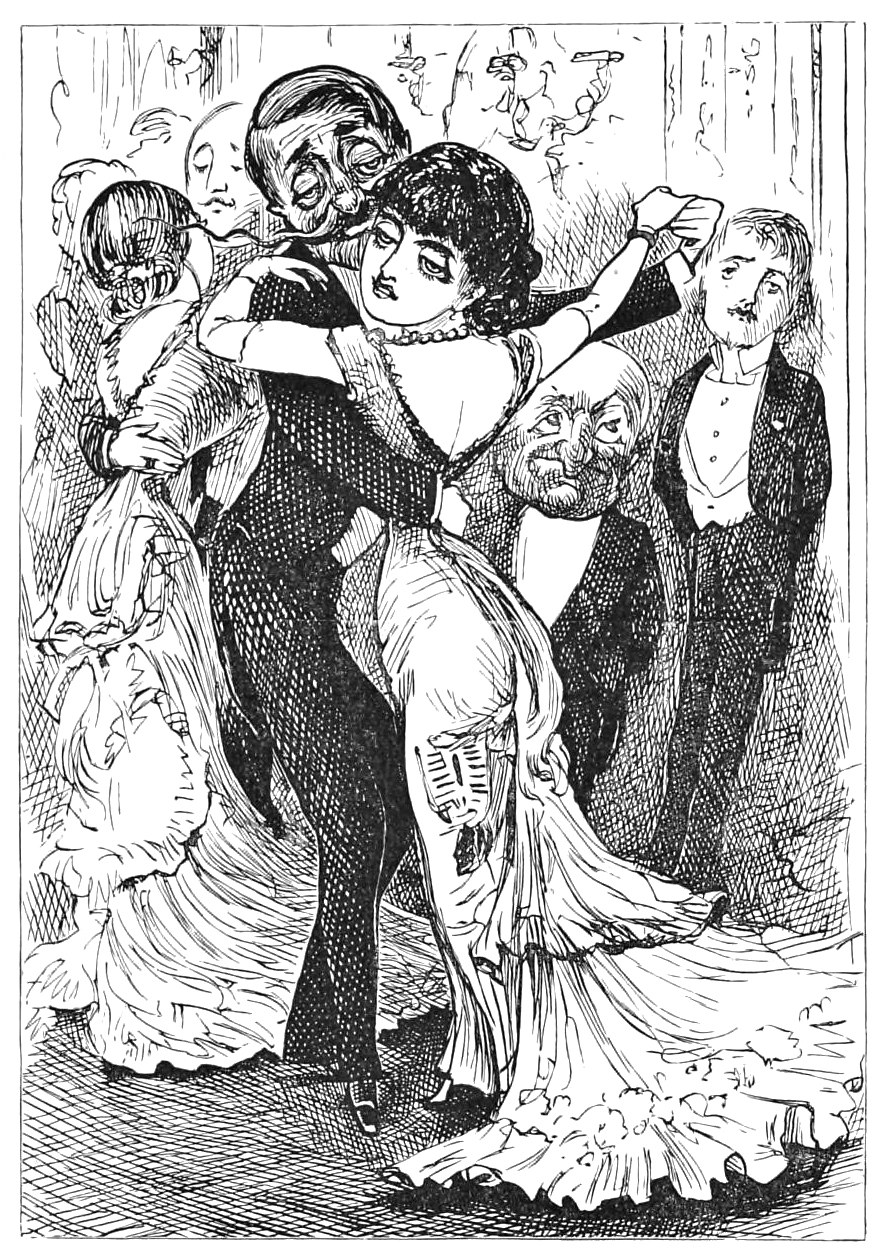 A woman in a dark gown and pearl necklace stands with raised arm amid six attentive men in evening dress in a Victorian ballroom.