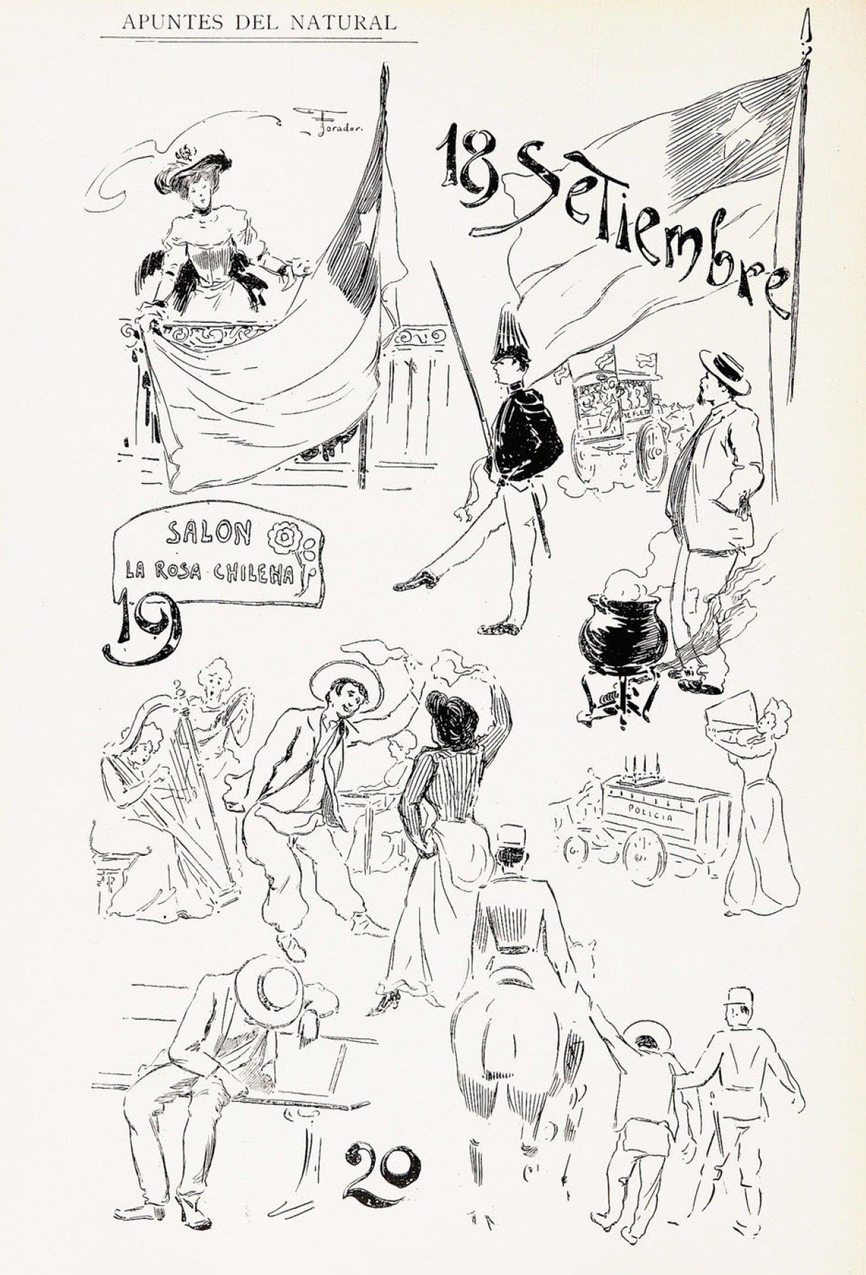 Ink sketch of crowds celebrating Chilean Independence Day, 1904, with elegantly dressed figures, military personnel, street vendors, and musicians.