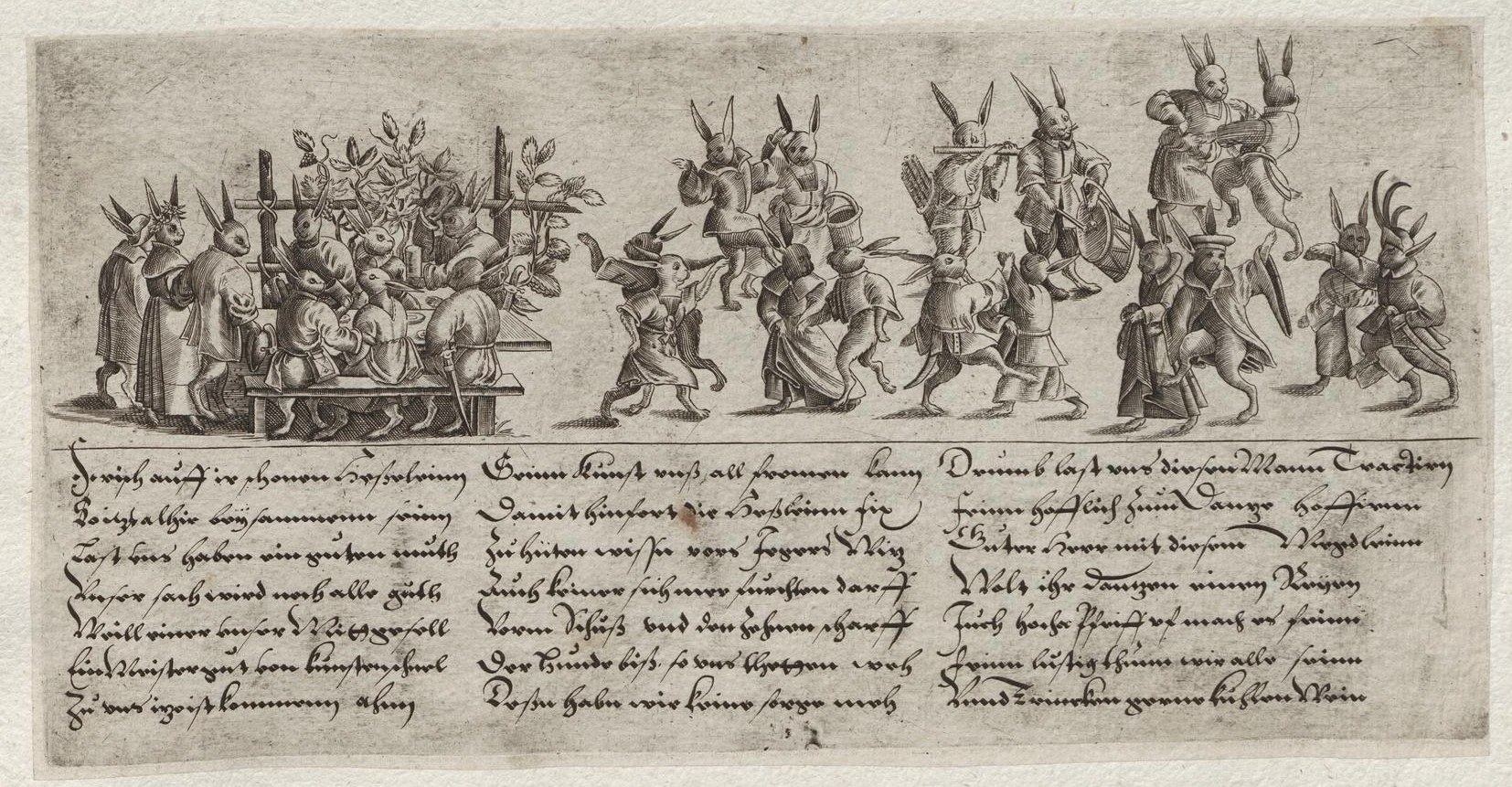 Engraving of dozens of anthropomorphic hares in human dress dancing and celebrating in a chaotic, carnival-like procession across the composition.
