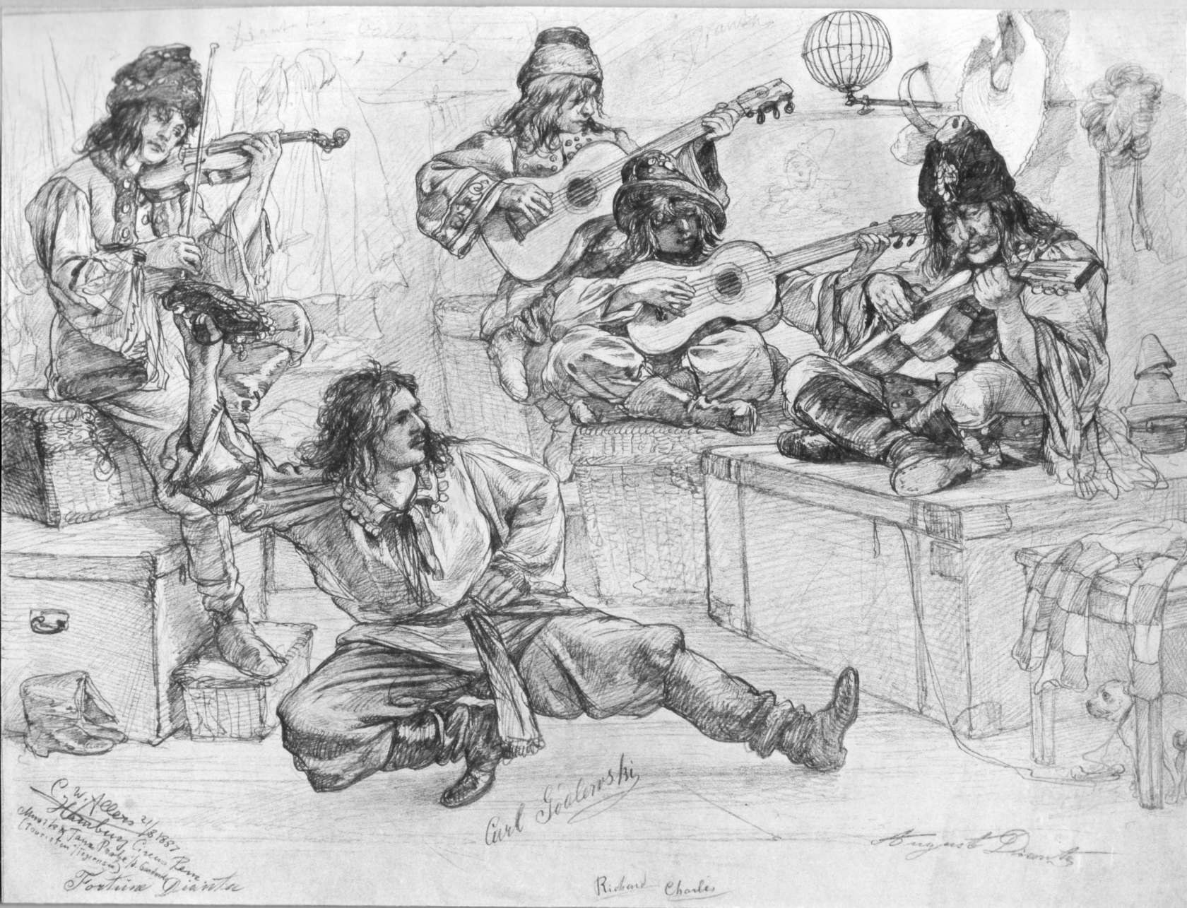 Pen-and-ink drawing of circus musicians and performers seated and standing in informal arrangement, holding guitars and violin.