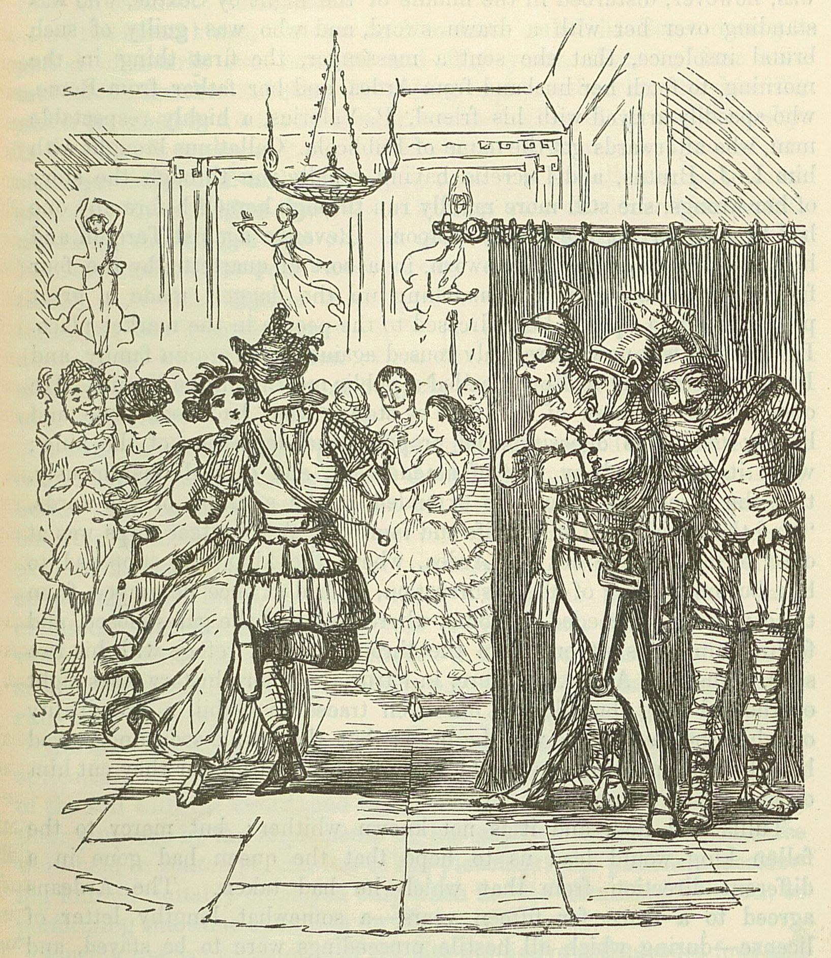 Engraving of a crowded Roman banquet with three women executing acrobatic poses—inverted, arched, and suspended—while formally dressed military officers and