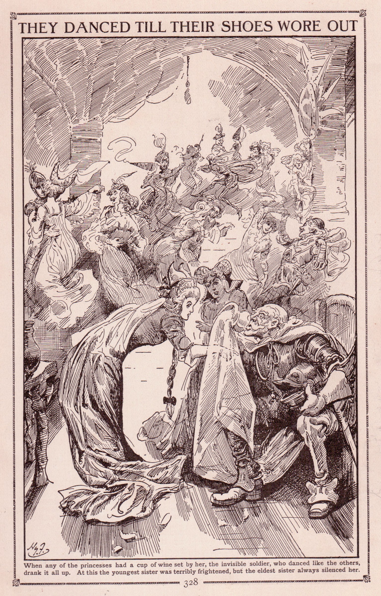 Wood engraving of a crowded enchanted ballroom with dancing figures in long gowns, two observers in the foreground, and scattered worn-out shoes at the bottom.