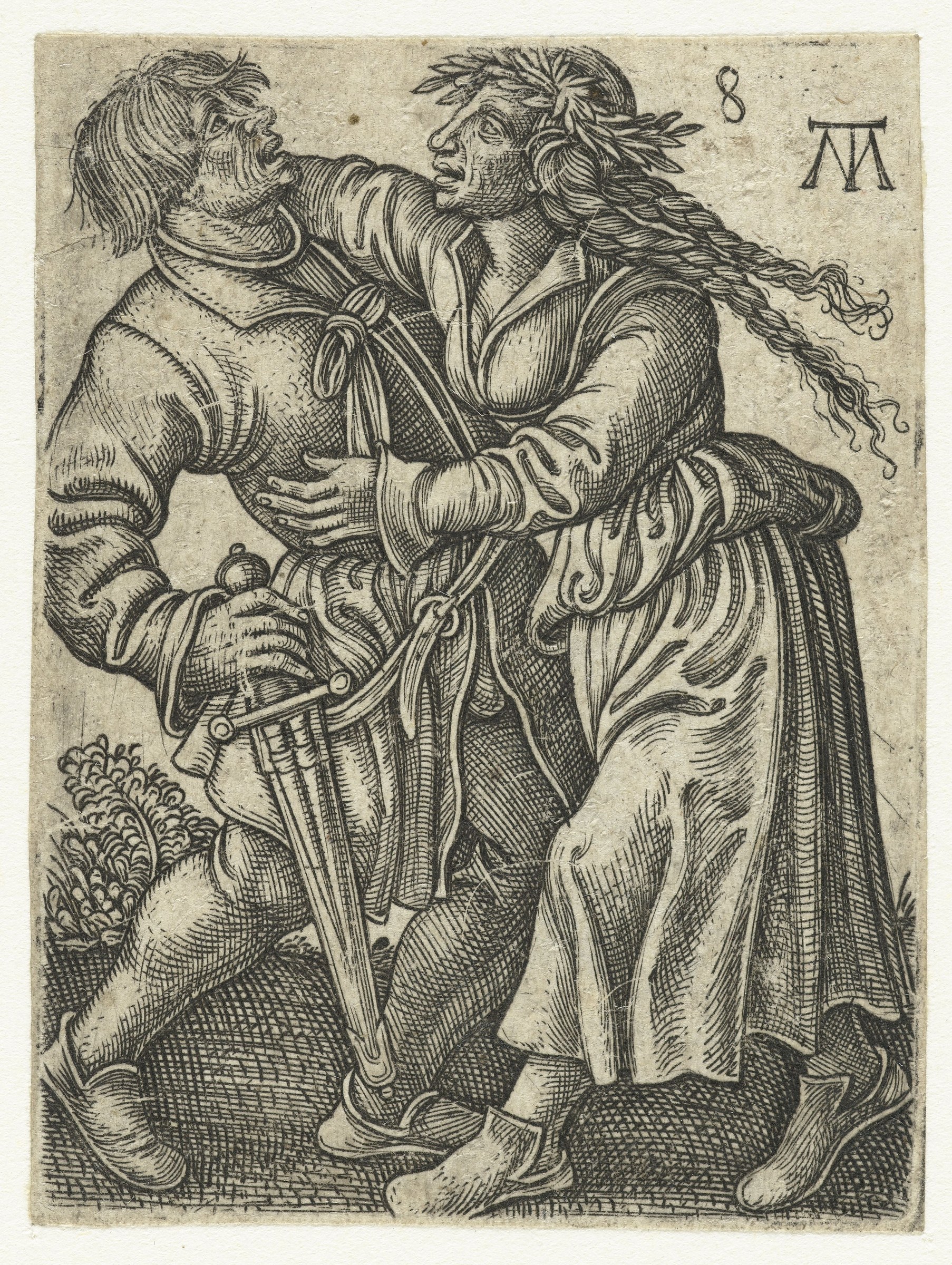 A bearded man and woman dance closely together in profile, leaning into each other with extended legs, the man's hand on his sword.