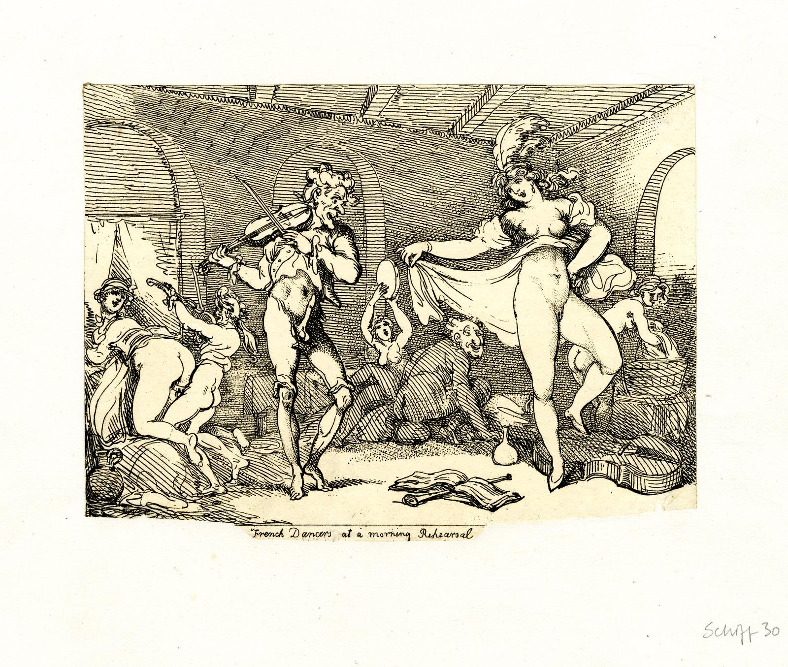 Etching of chaotic interior with multiple nude figures dancing, playing instruments, and engaged in crude acts; a titled commentary on theatrical pretension.