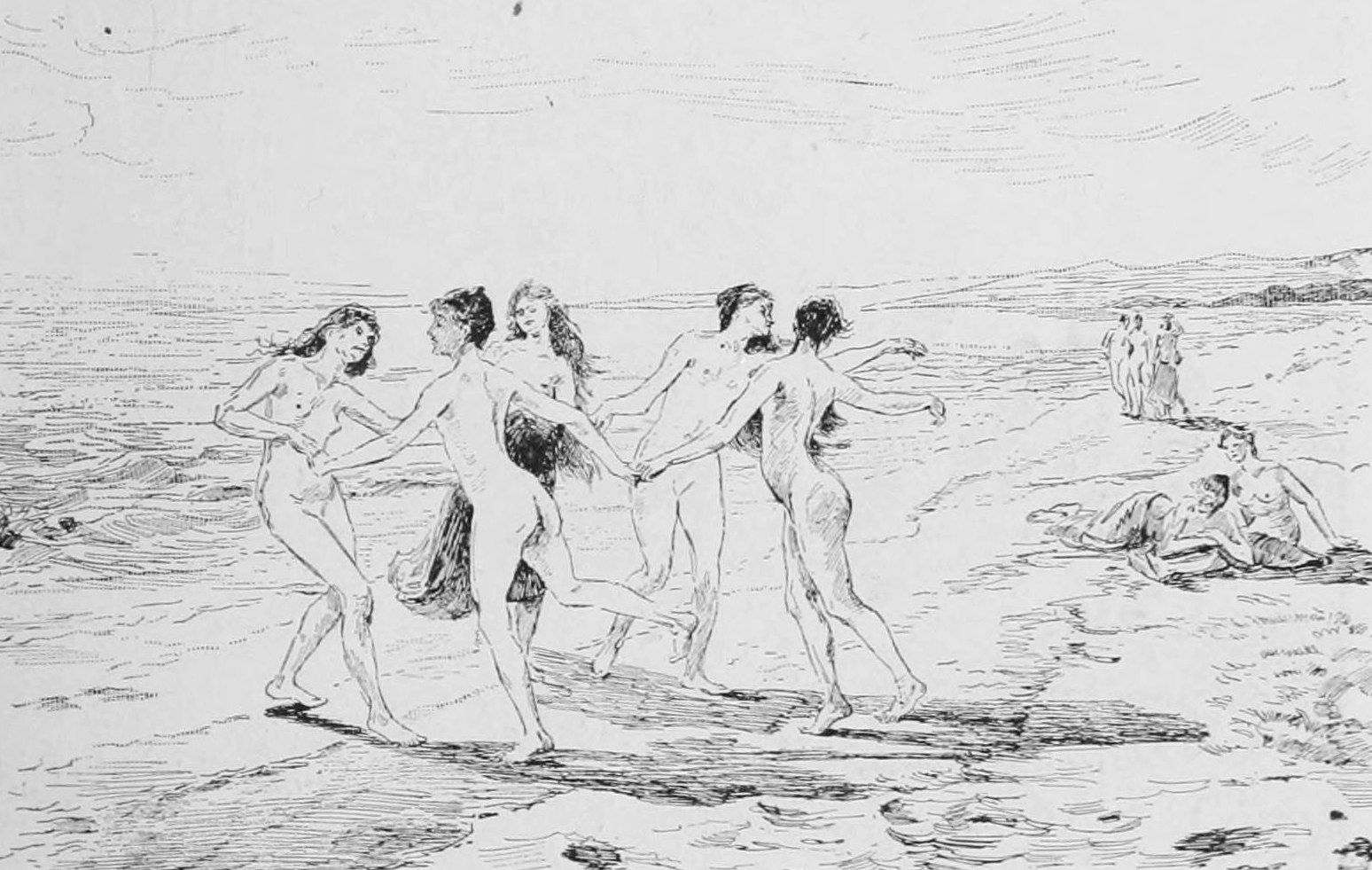 Five nude or draped female figures move in a linked chain across a beach; rendered in fine engraved lines suggesting classical mythology.