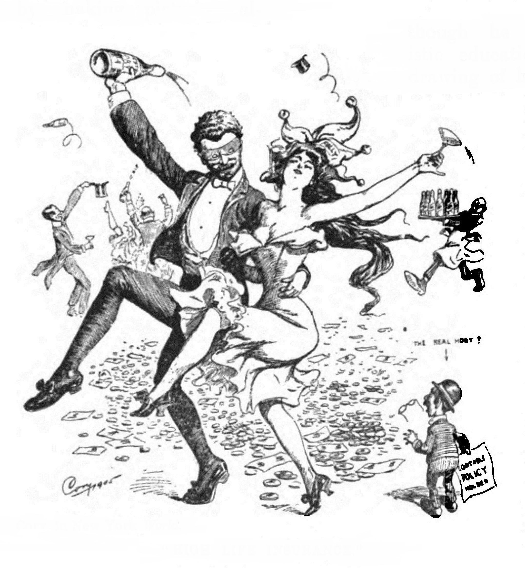 Chaotic satirical drawing of formally dressed high-society figures dancing wildly amid scattered money, with exaggerated grotesque features suggesting moral