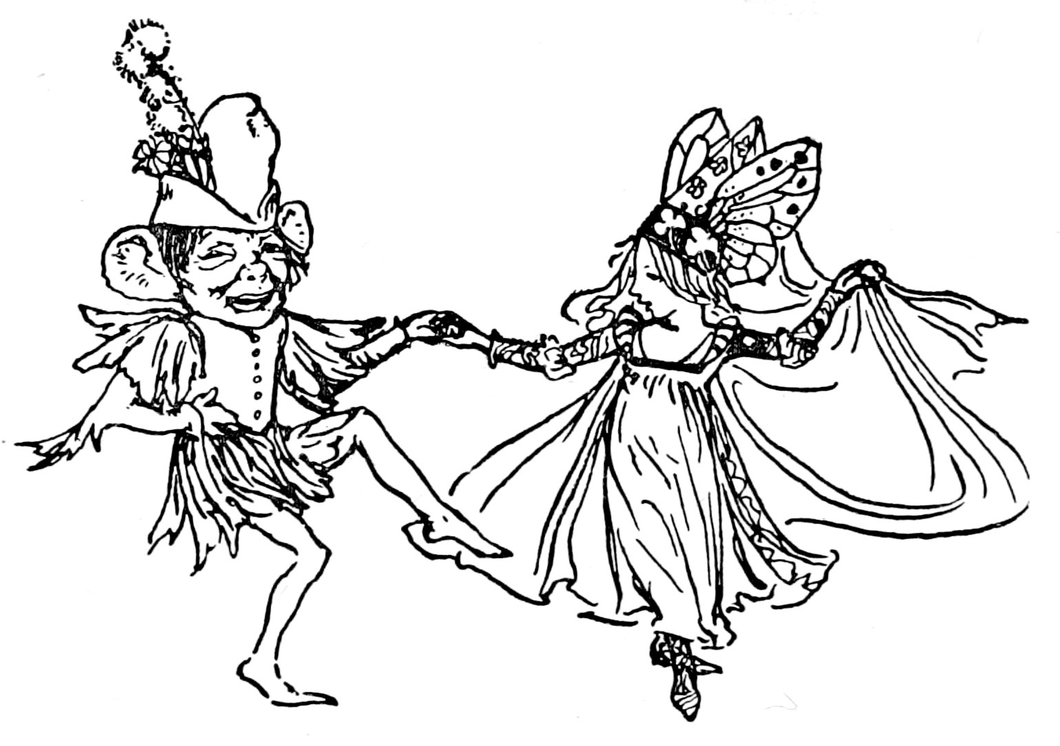 Two winged fairy figures clasp hands in greeting, one small in a feathered cap, the other tall in an ornate butterfly-winged headdress and flowing gown.