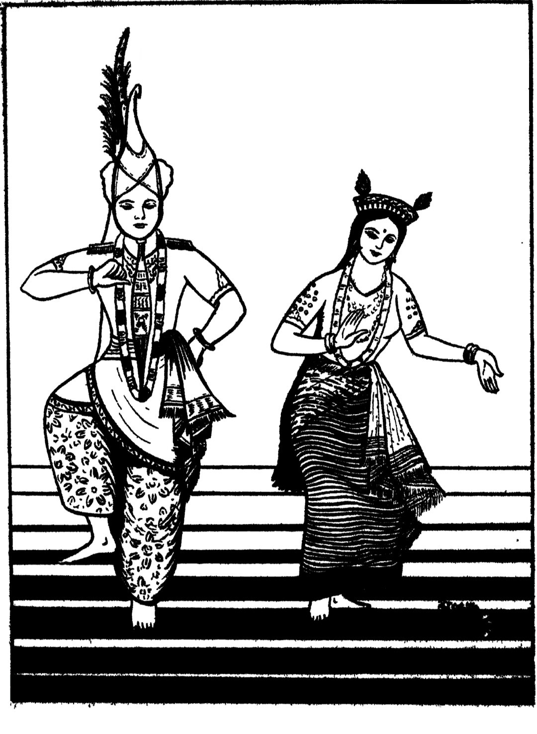 Two costumed dancers in formal classical poses on a stepped platform, one with feathered headdress and geometric patterning, the other in striped skirt and