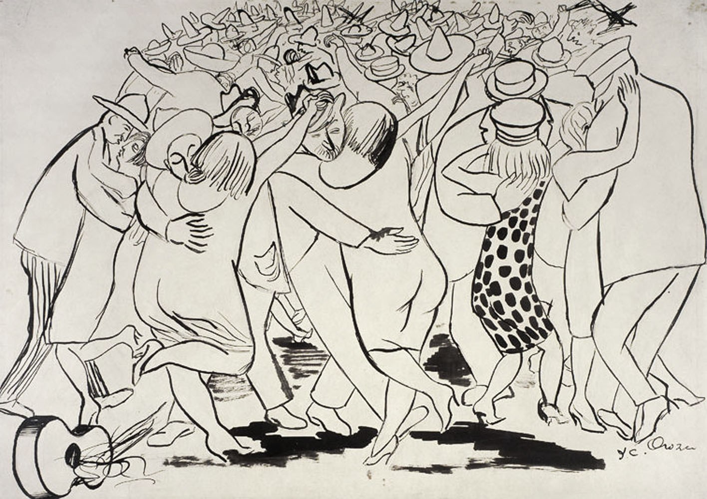 Crowded pen-and-ink drawing of Mexican fiesta with dozens of figures in hats dancing and embracing in dense street celebration.
