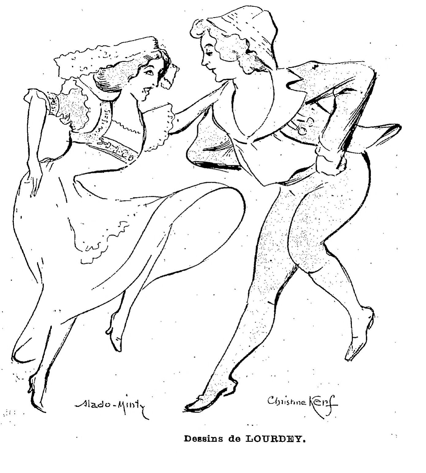 Two women in Edwardian dress dance energetically, bodies angled forward with raised legs, in a pen-and-ink illustration.