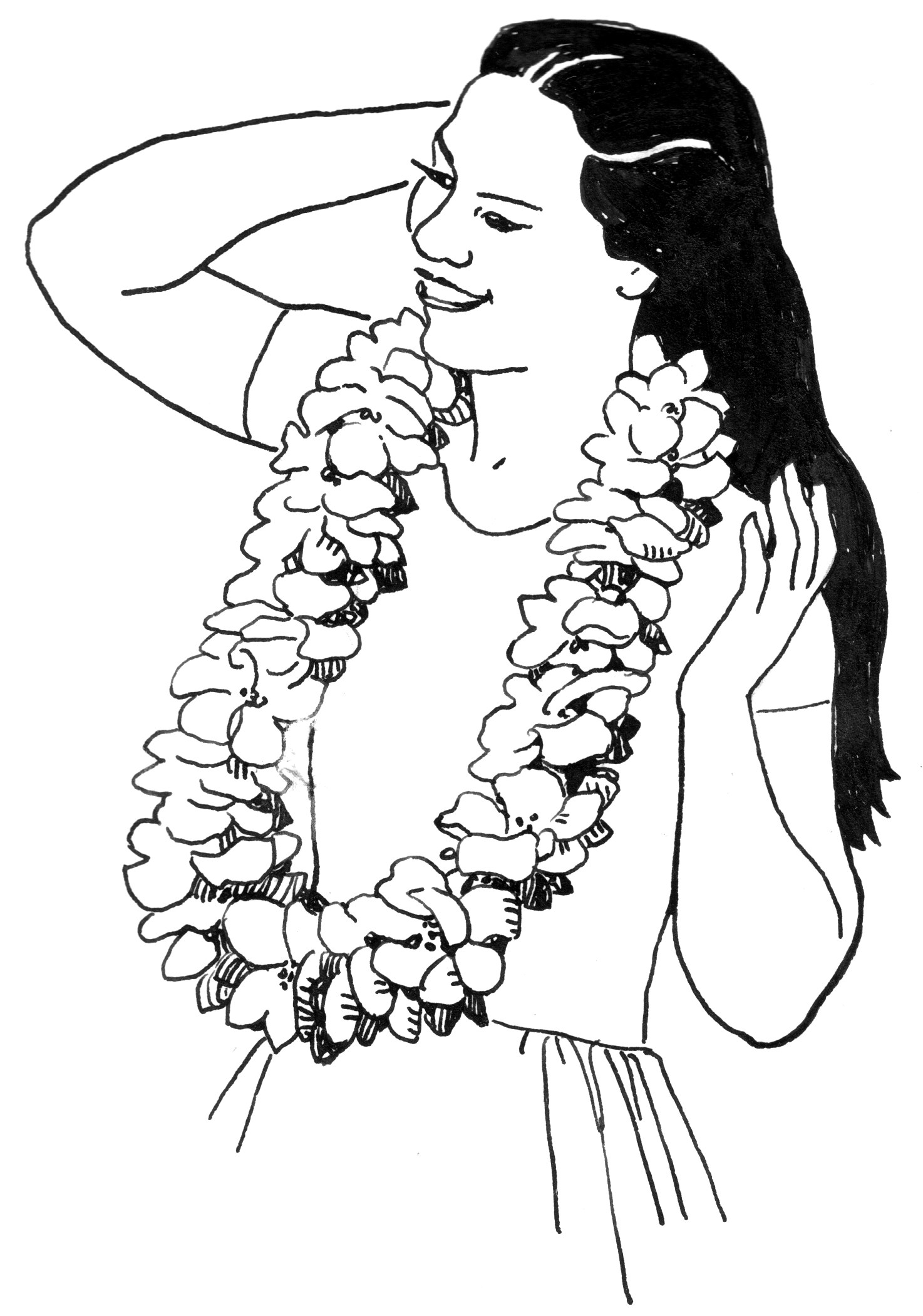 Hawaiian woman in profile wearing a long lei garland, left arm raised, against plain white background.