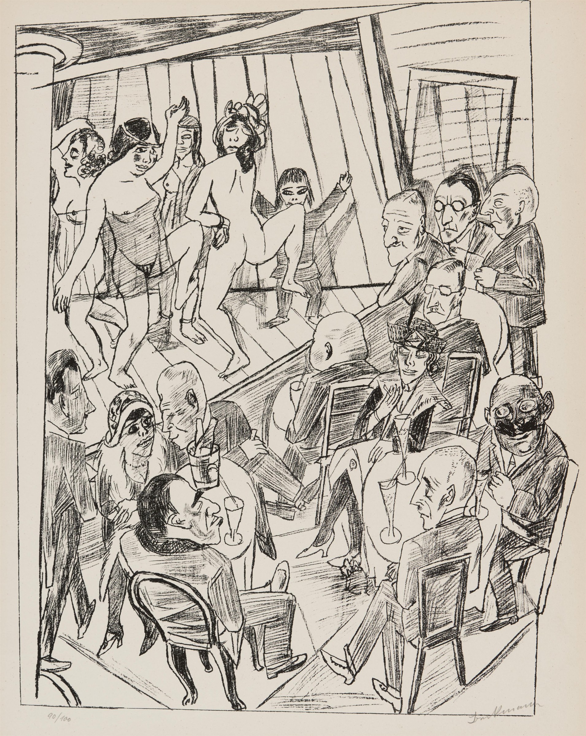 Expressionist lithograph of a crowded Berlin nightclub with nude performers on a raised platform suspended by ropes, observed by seated and standing male