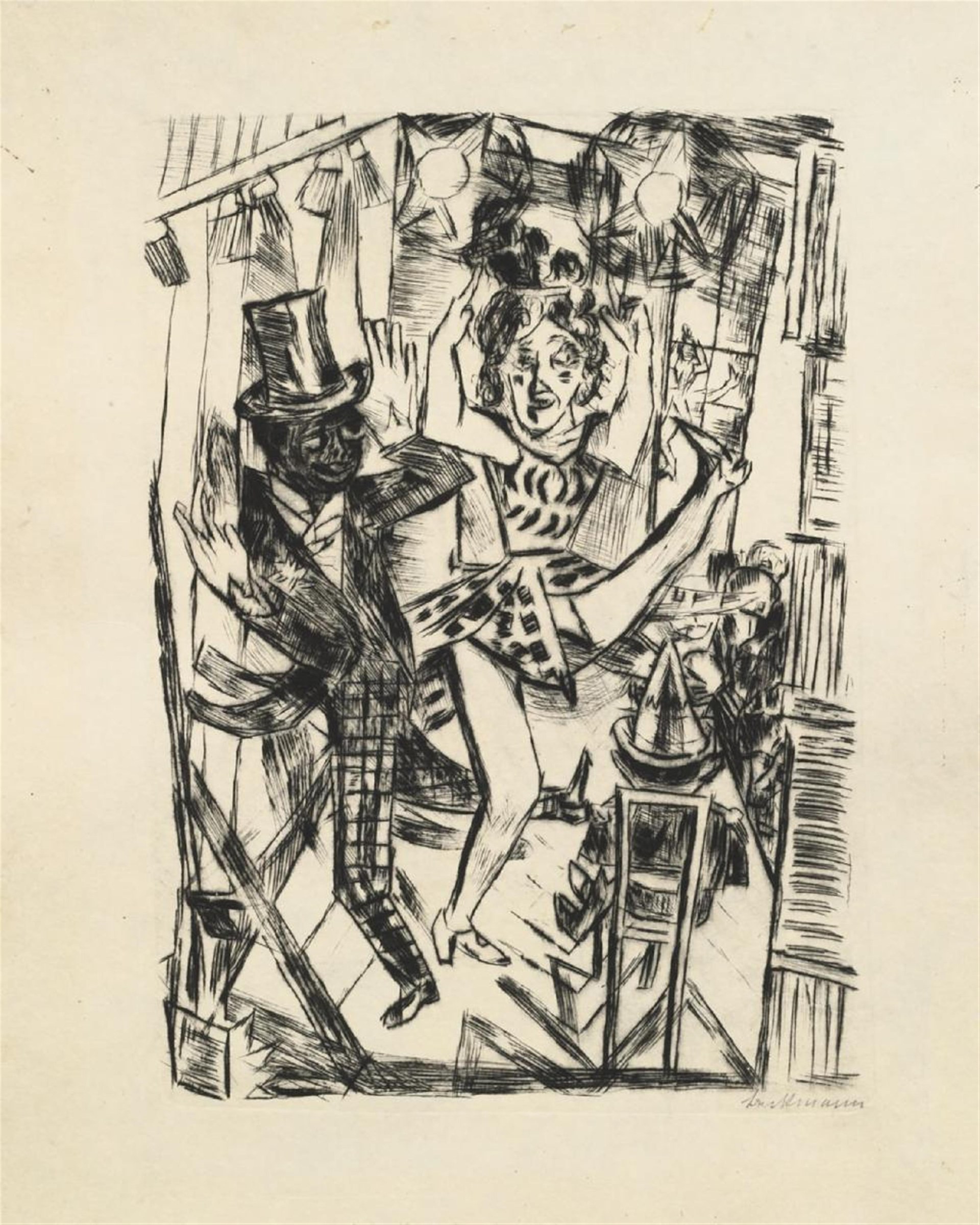 A drypoint etching showing a woman in a patterned dress dancing in a crowded Berlin cabaret, with a top-hatted man beside her and stage lights overhead.