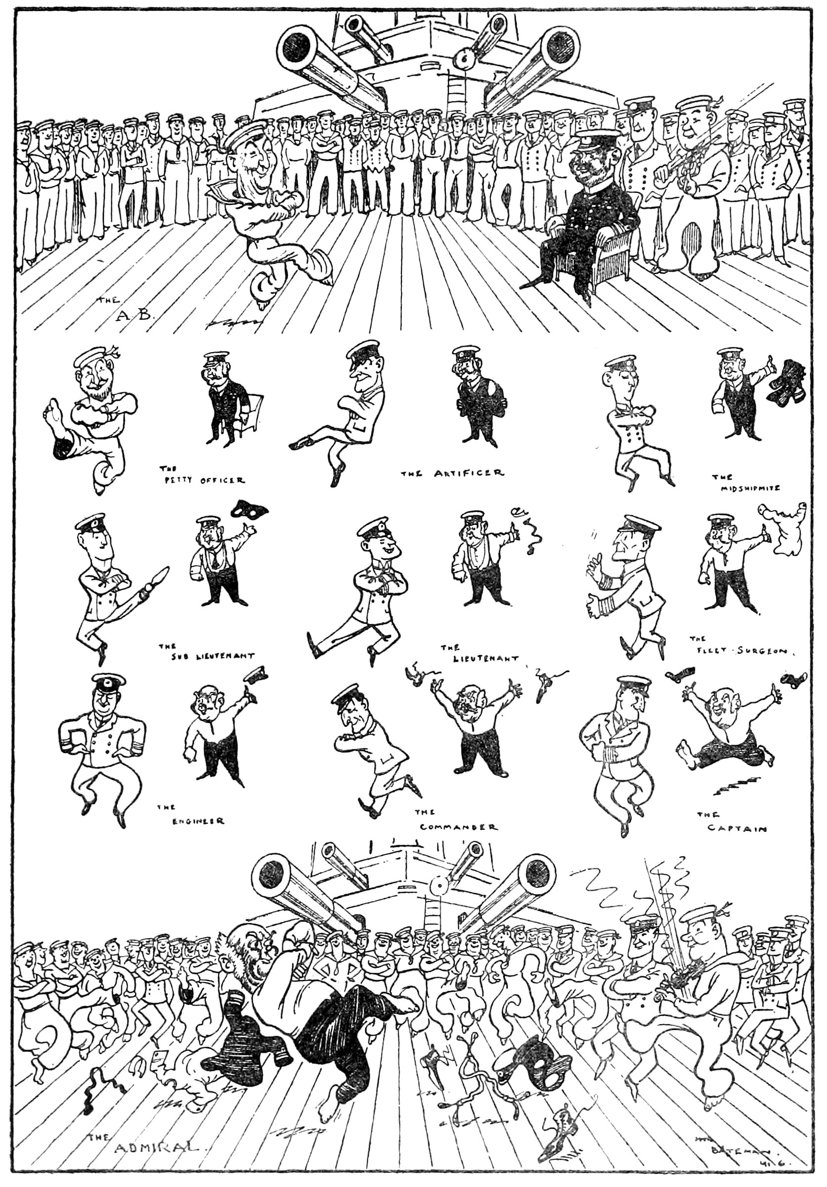 Two-panel wartime cartoon: above, sailors in white uniforms form an orderly ring around performers; below, they dissolve into a chaotic crowd dancing aboard a