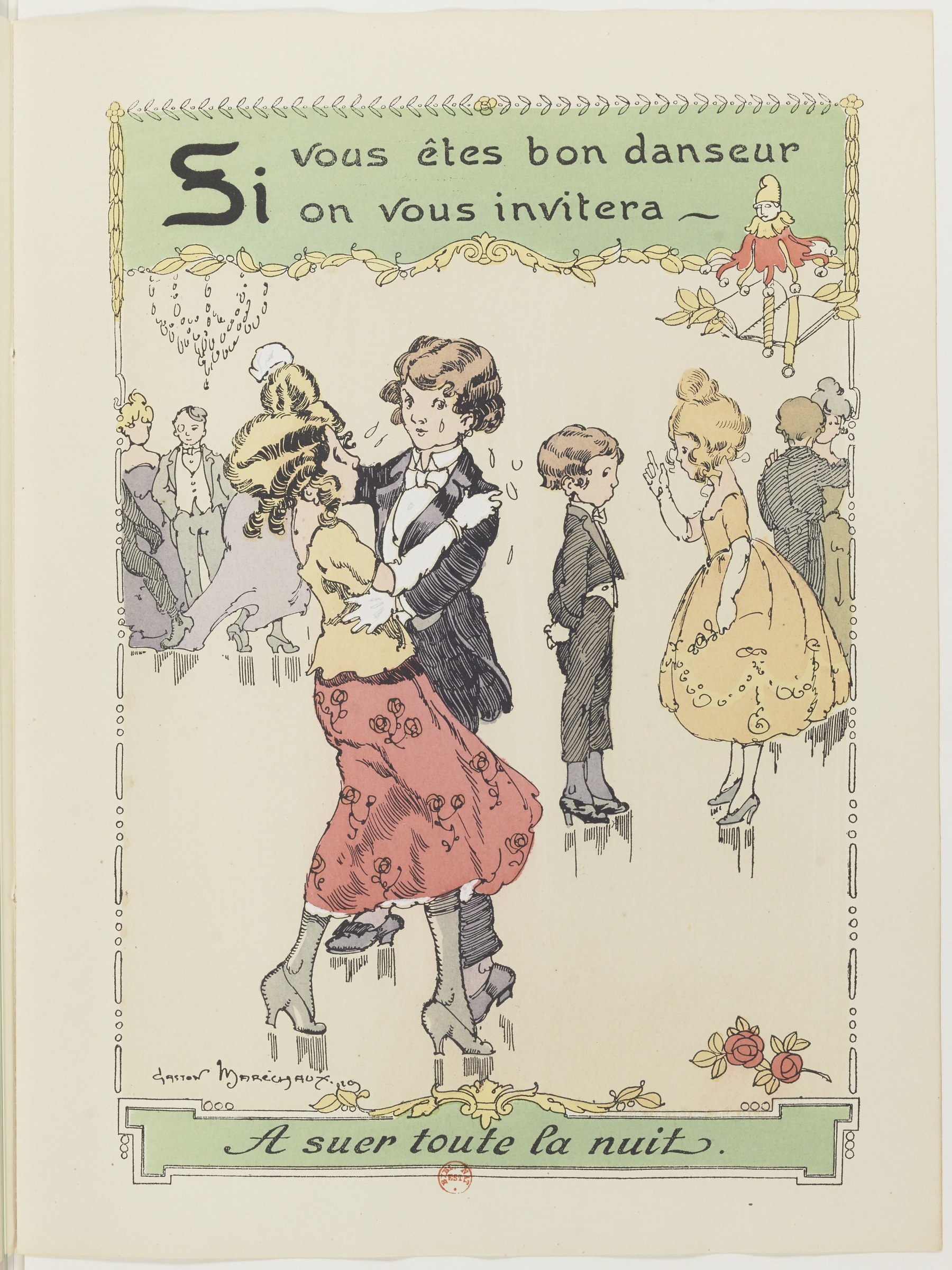 A man in a suit dances with a woman in a red skirt while holding a small dog, surrounded by observing children and adults in a festively decorated home.