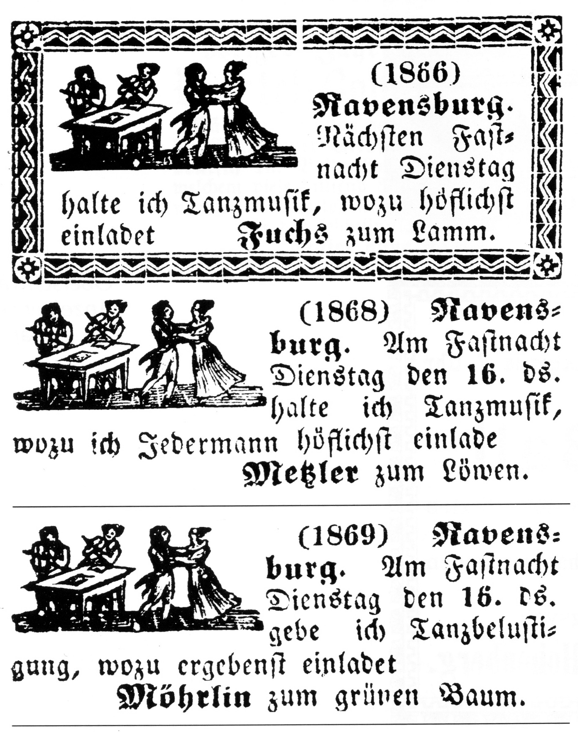 Three consecutive German newspaper announcements, 1866–1869, each with identical decorative border and woodcut showing a couple dancing and figures at leisure.