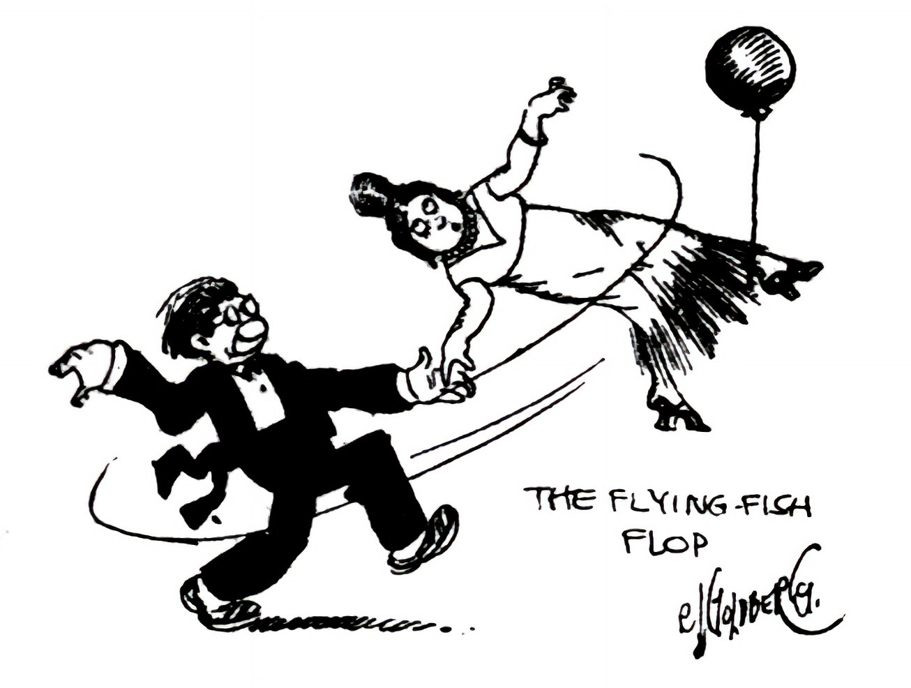 Cartoon of a man in a tuxedo being pulled by a woman in a fringed 1910s dress as she leaps upward toward a balloon