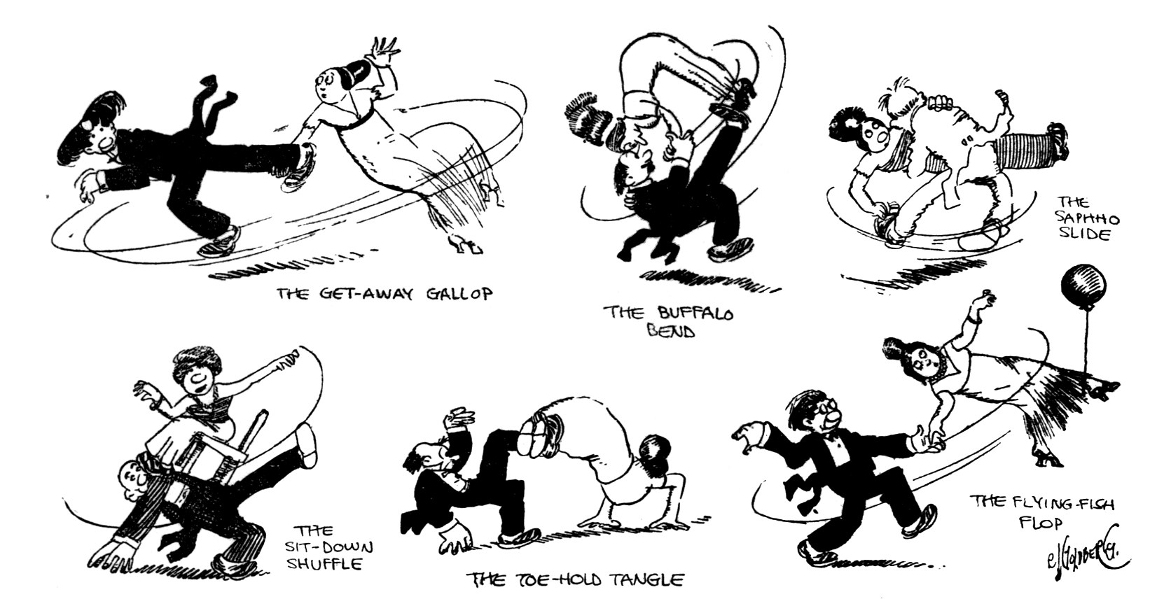 Six cartoon figures in exaggerated dance poses, labeled with invented ragtime dance names, dressed in 1910s suits and hats.
