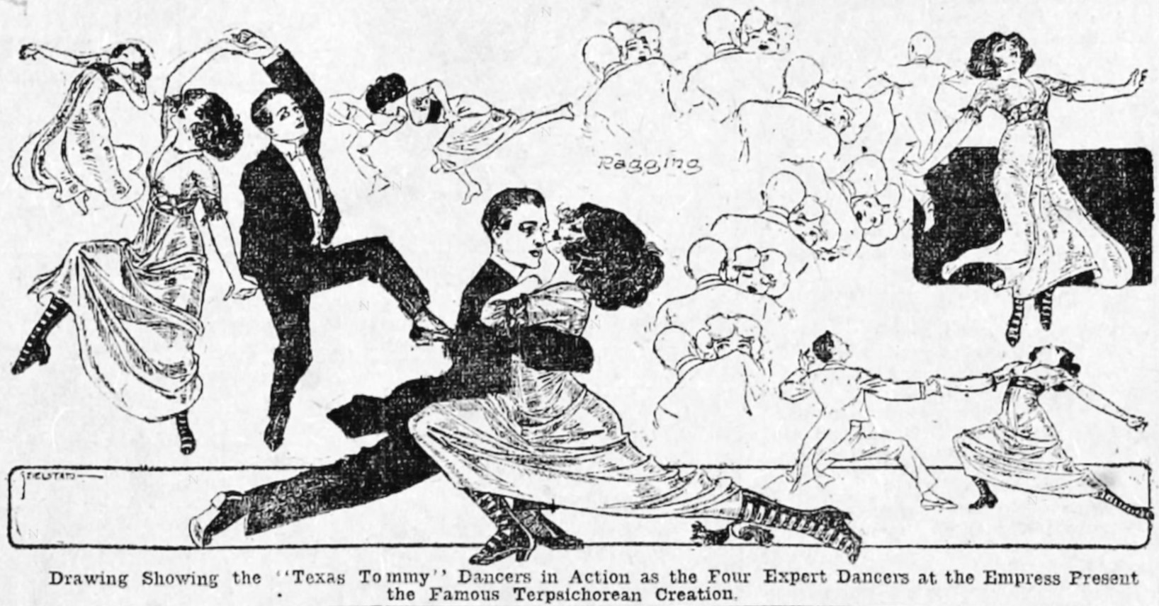 Newspaper illustration showing four couples dancing the Texas Tommy in close embrace, with smaller figures swirling above.