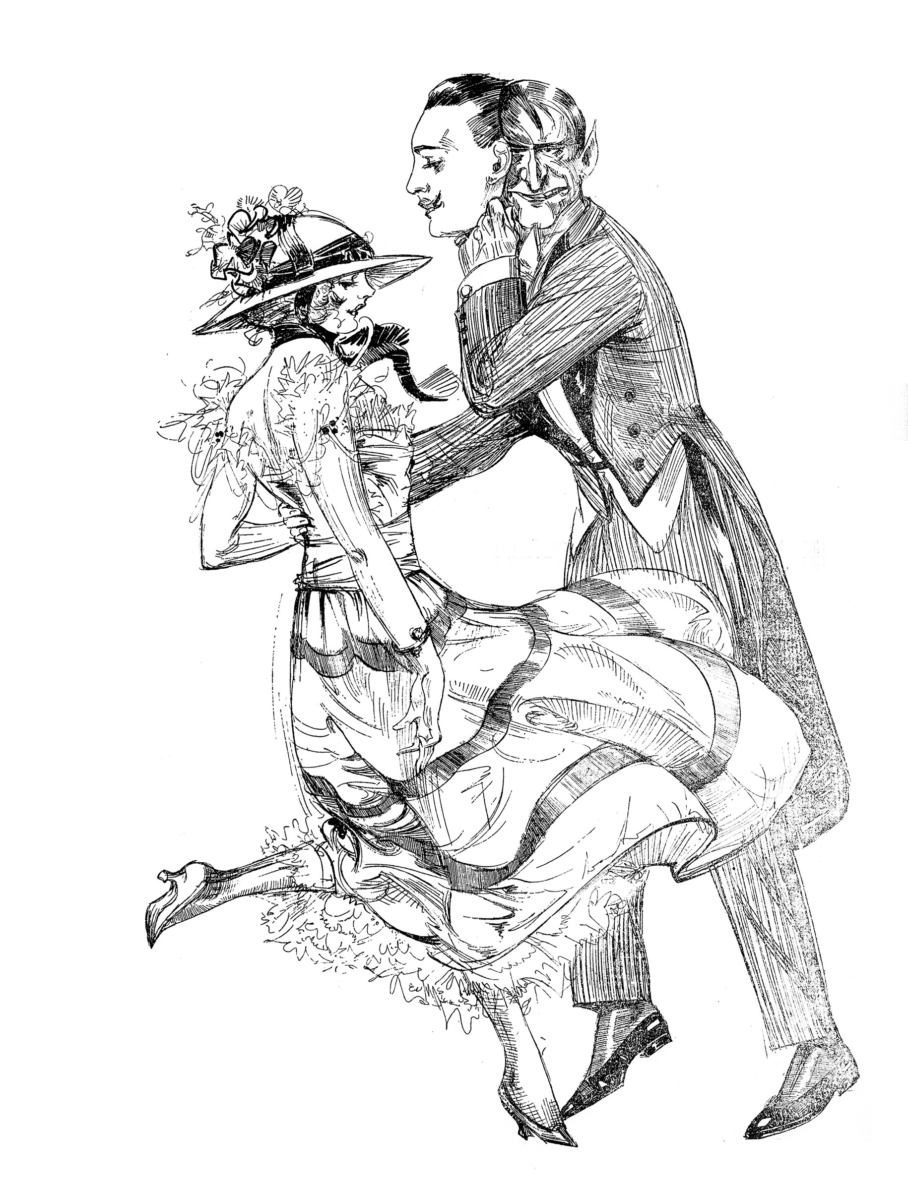 Pen-and-ink sketch of a couple dancing the tango, the woman arched backward in a dip, the man supporting her weight in formal ballroom frame.