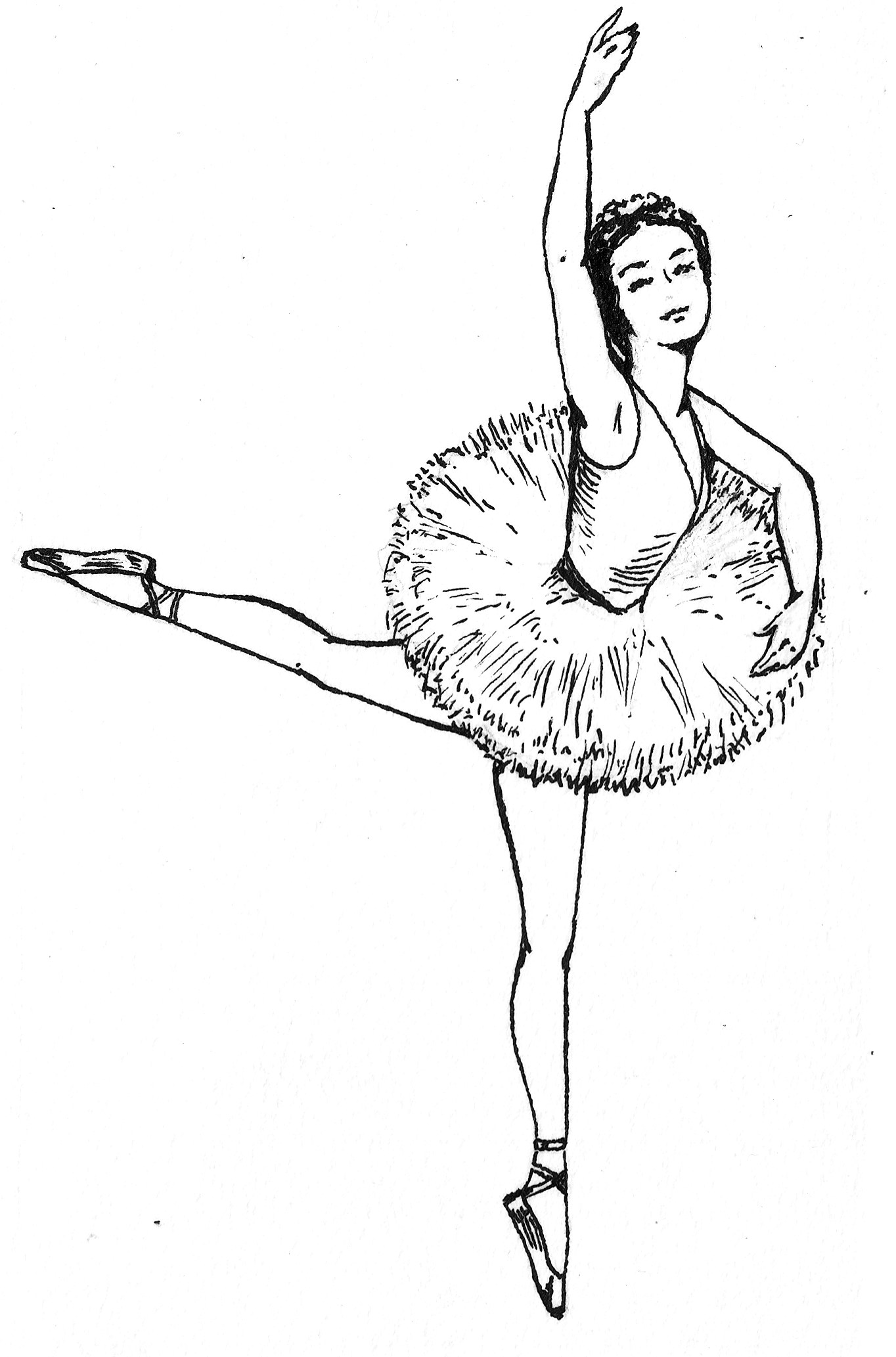 Line drawing of a classical ballet dancer in pointe shoes and tutu, one leg extended to the side, one arm raised.