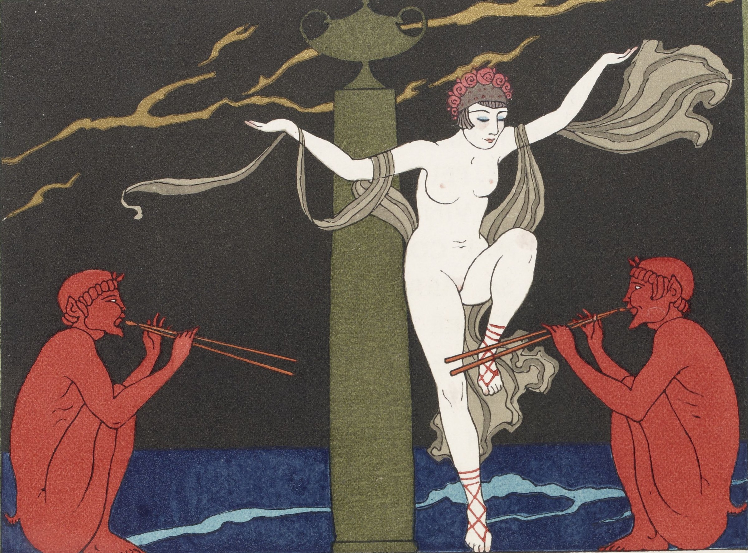 Pale woman in rose crown, arched on pedestal, attended by two red pipe-playing figures, against dark background with gold branches and blue water.