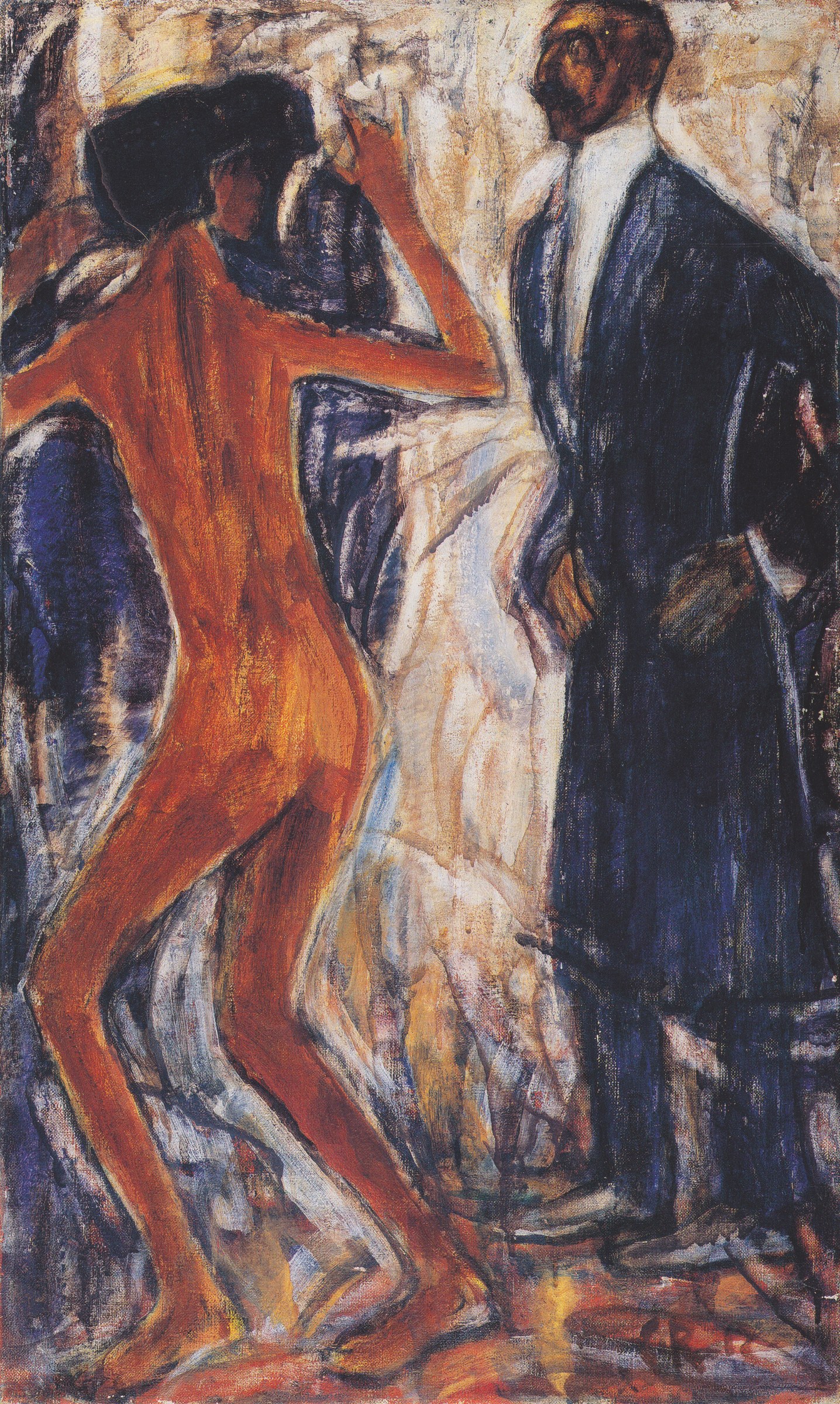 Oil painting of a formally dressed man watching a woman in a red wrap execute a dynamic twist or turn, rendered in expressionist style with warm earthy tones.