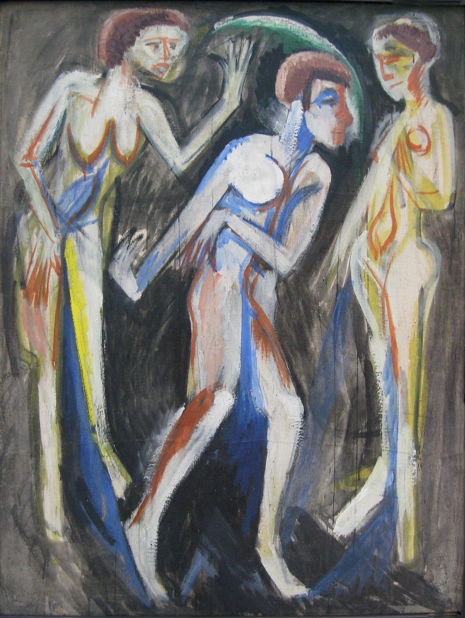 Five nude female figures with visible musculature arranged in close proximity against a dark ground, rendered in Expressionist style with bold line-work and