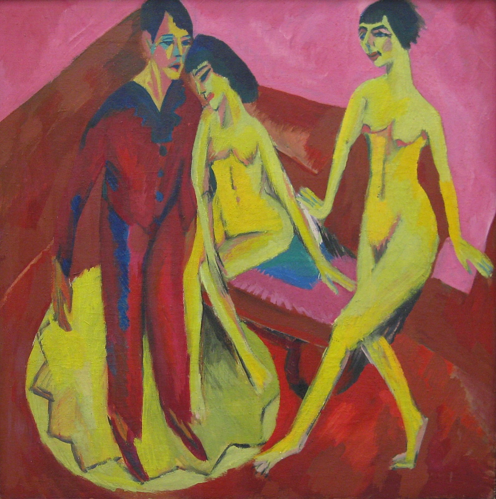 Expressionist oil painting of a robed figure addressing two nude yellow figures against a pink and red background.