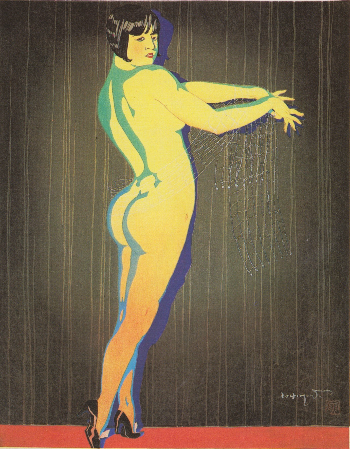 Abstract woodblock print of a solitary female dancer in yellow, in profile with raised leg and extended arm, against a striped background.