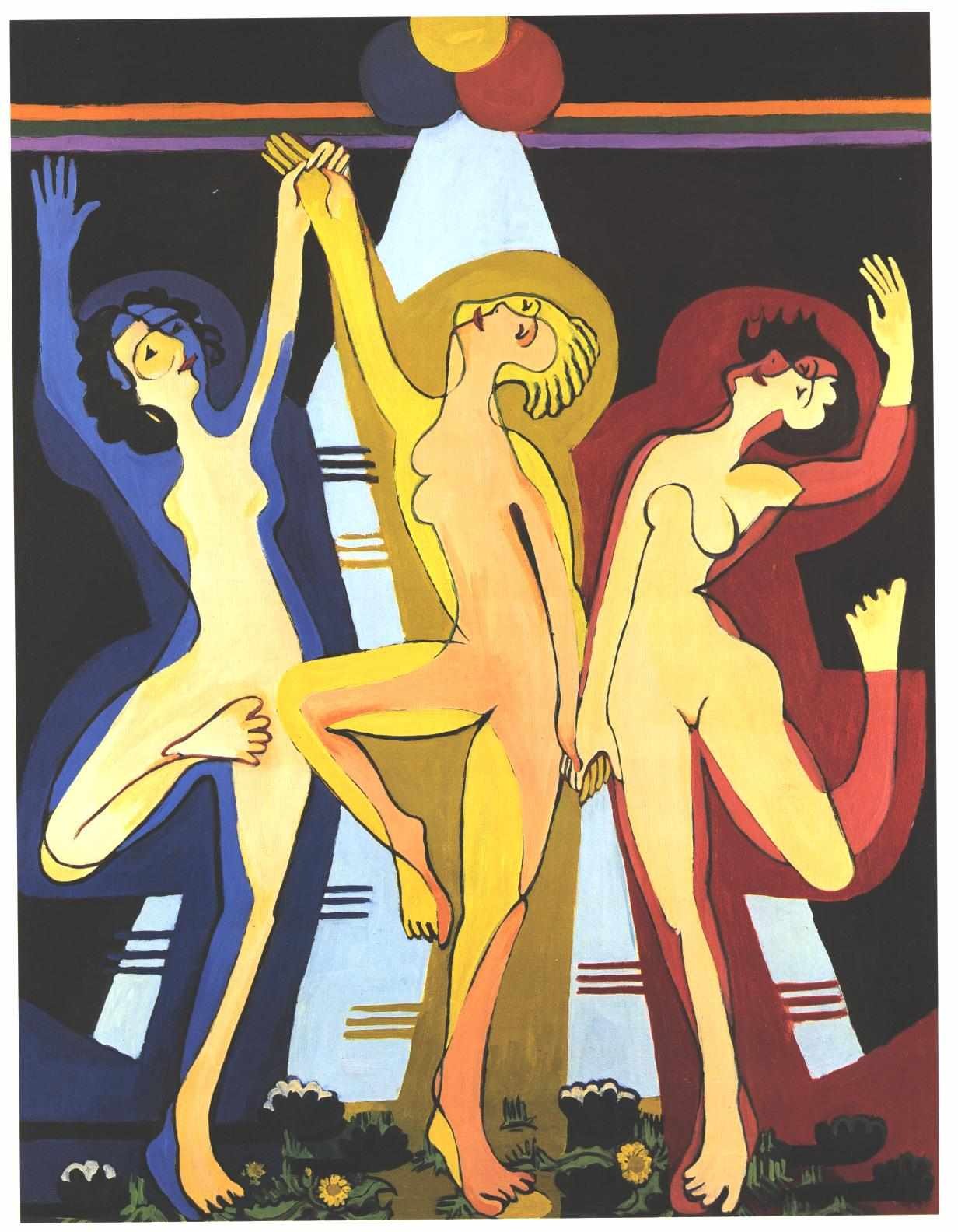 Three nude female dancers with raised arms in exultant movement against a dark background with geometric circles and coloured stripes.