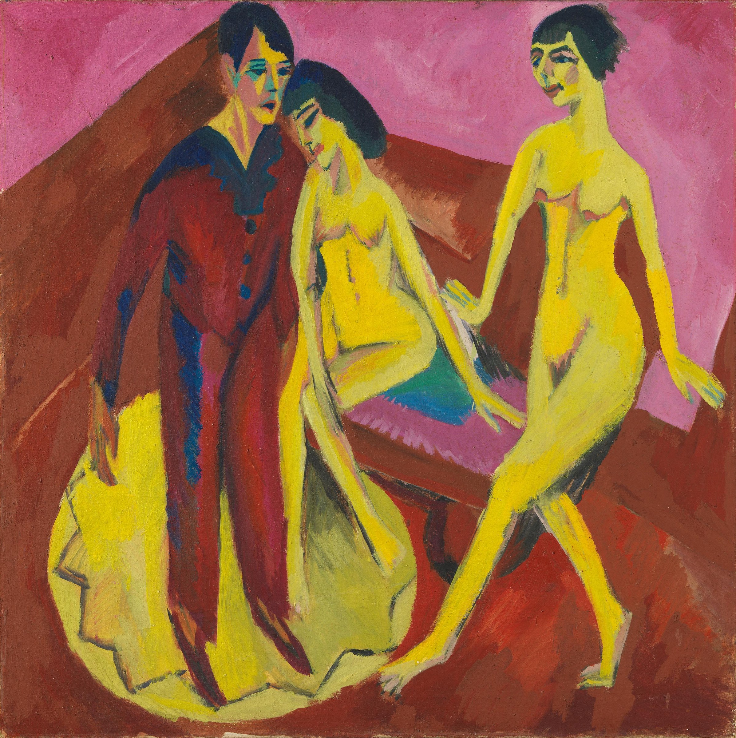 Three figures in an expressionist interior: a clothed man and two nude women rendered in acid yellow with dark outlines, against warm reds and browns.
