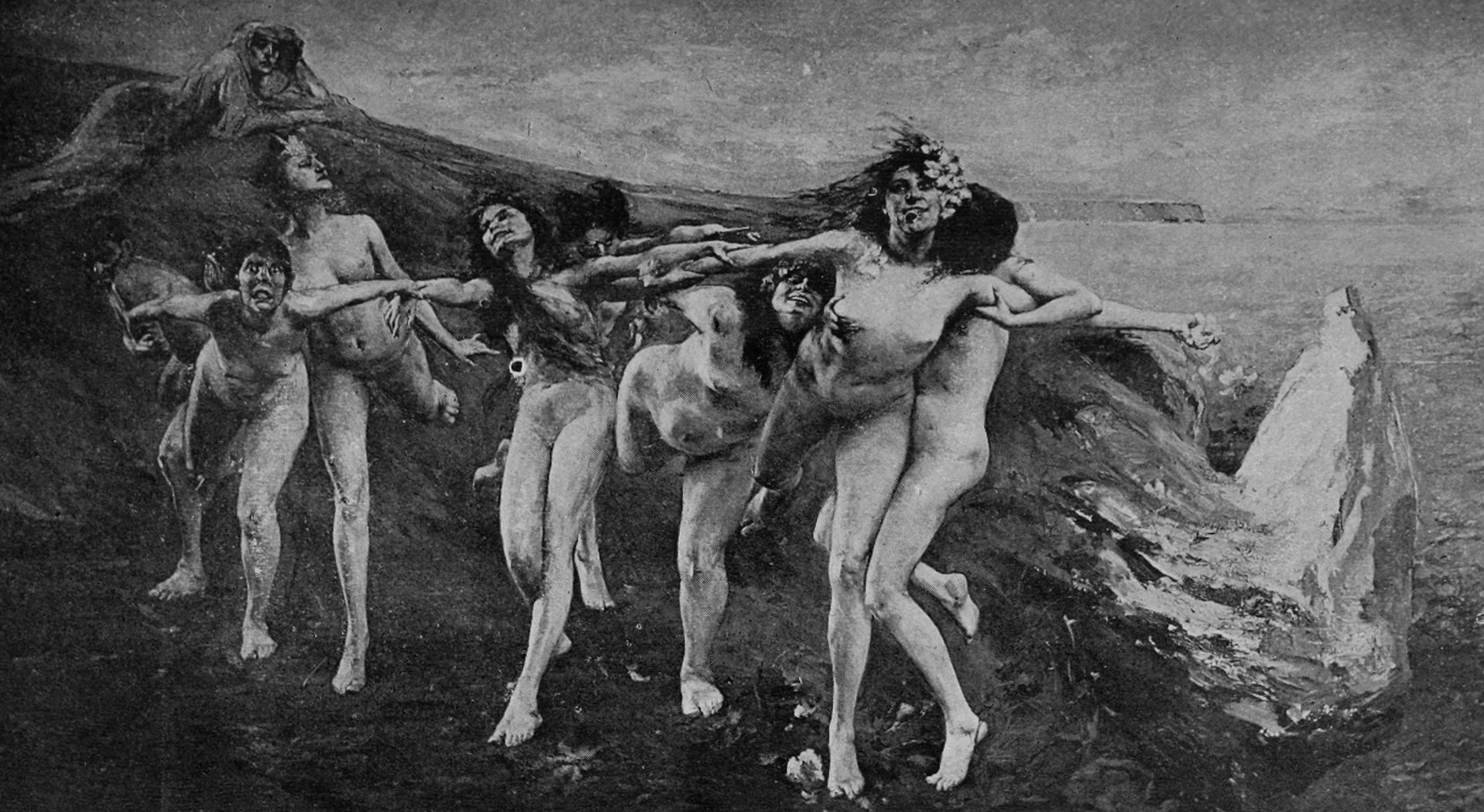 Oil painting of unclothed female figures and a satyr in dynamic poses within shadowed foliage, suggesting ecstatic mythological movement.