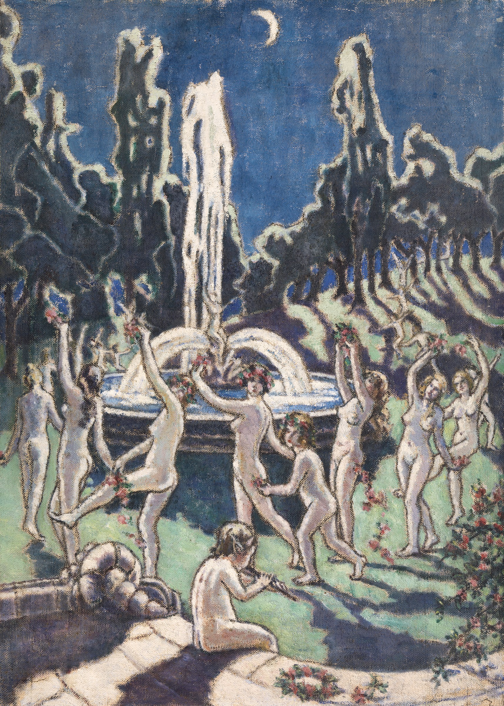 Pale nude figures circle a luminous fountain in a moonlit wood, arms raised, surrounded by glowing pale trees.