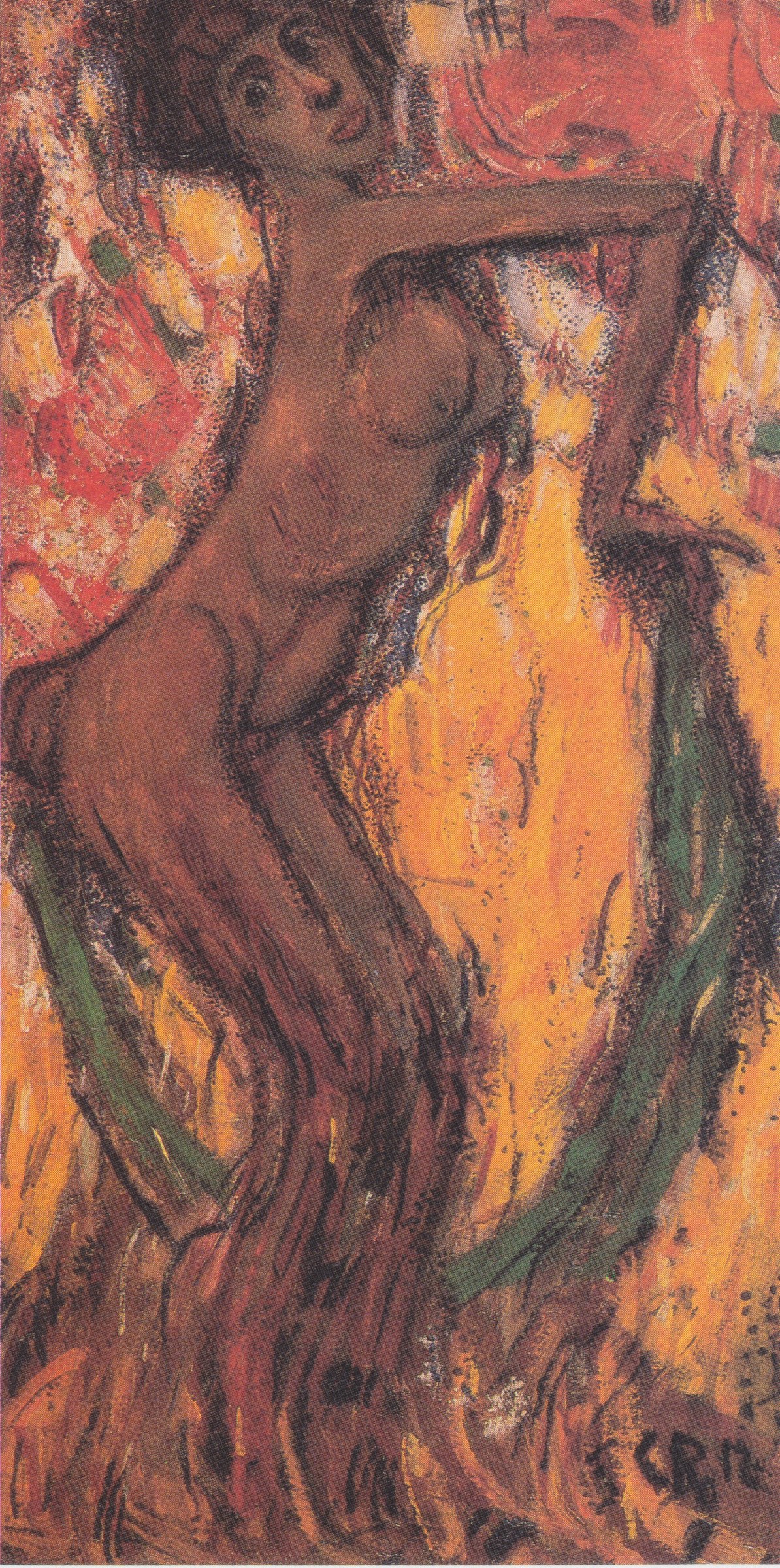 Oil painting of a female dancer arched backward, one arm raised, against warm orange and red brushwork, with green drapery flowing below.