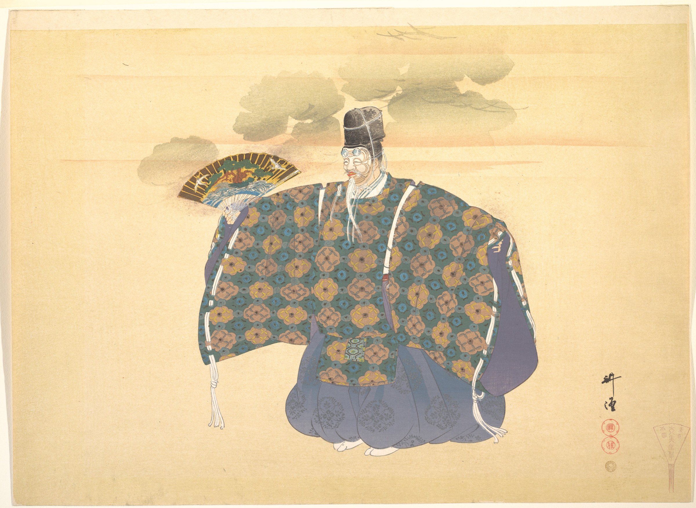 A figure in elaborate teal and ochre patterned robe, white face makeup, tall black headdress, holding a decorated fan against a pale background.