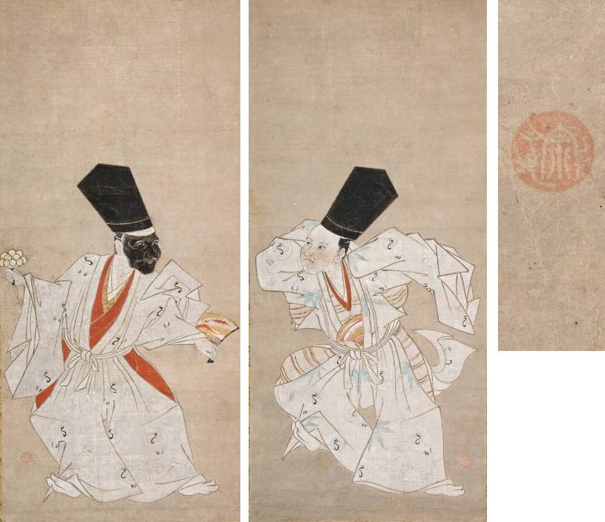 Two ink studies of a male performer in white costume with voluminous sleeves and a tall black hat, annotated with numbers marking costume construction points.