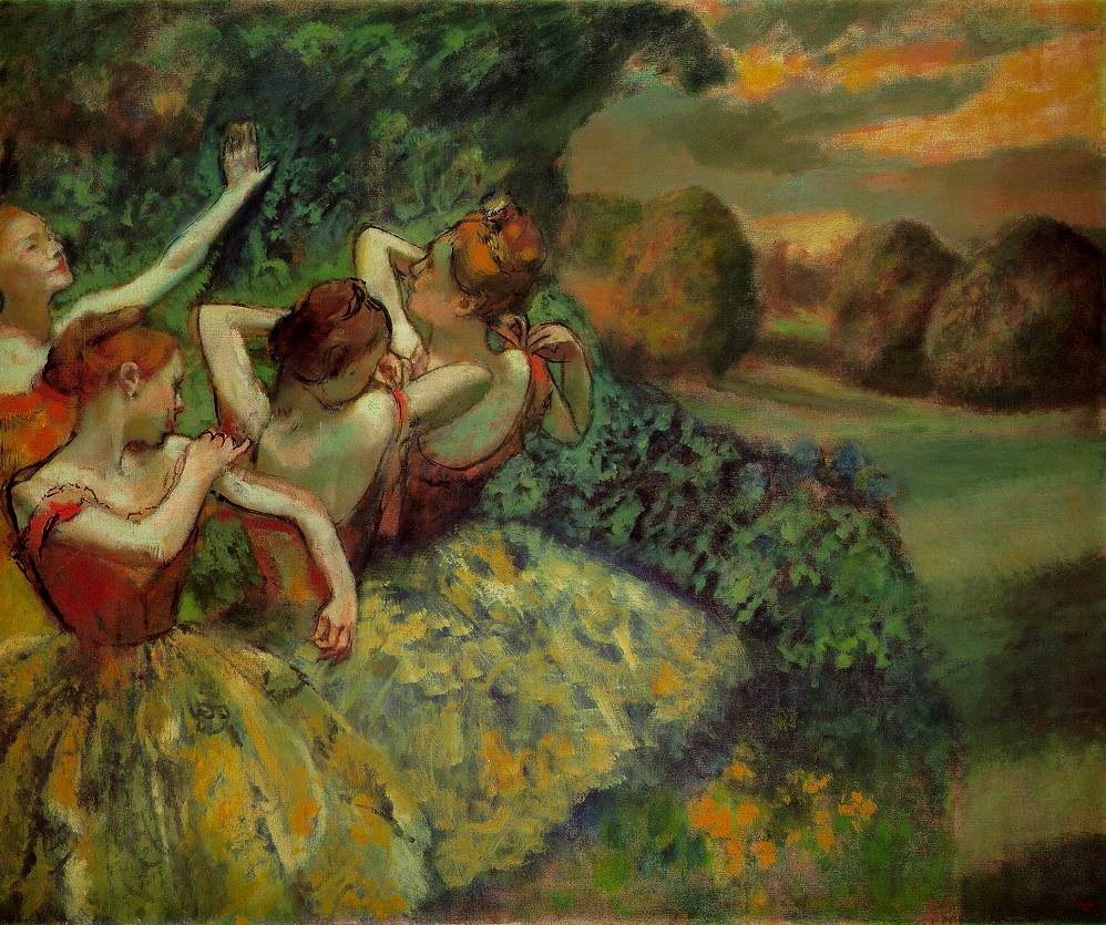 Four pale-skinned women with reddish hair recline in flowing draperies in a leafy grotto, rendered in loose, impressionistic brushwork.