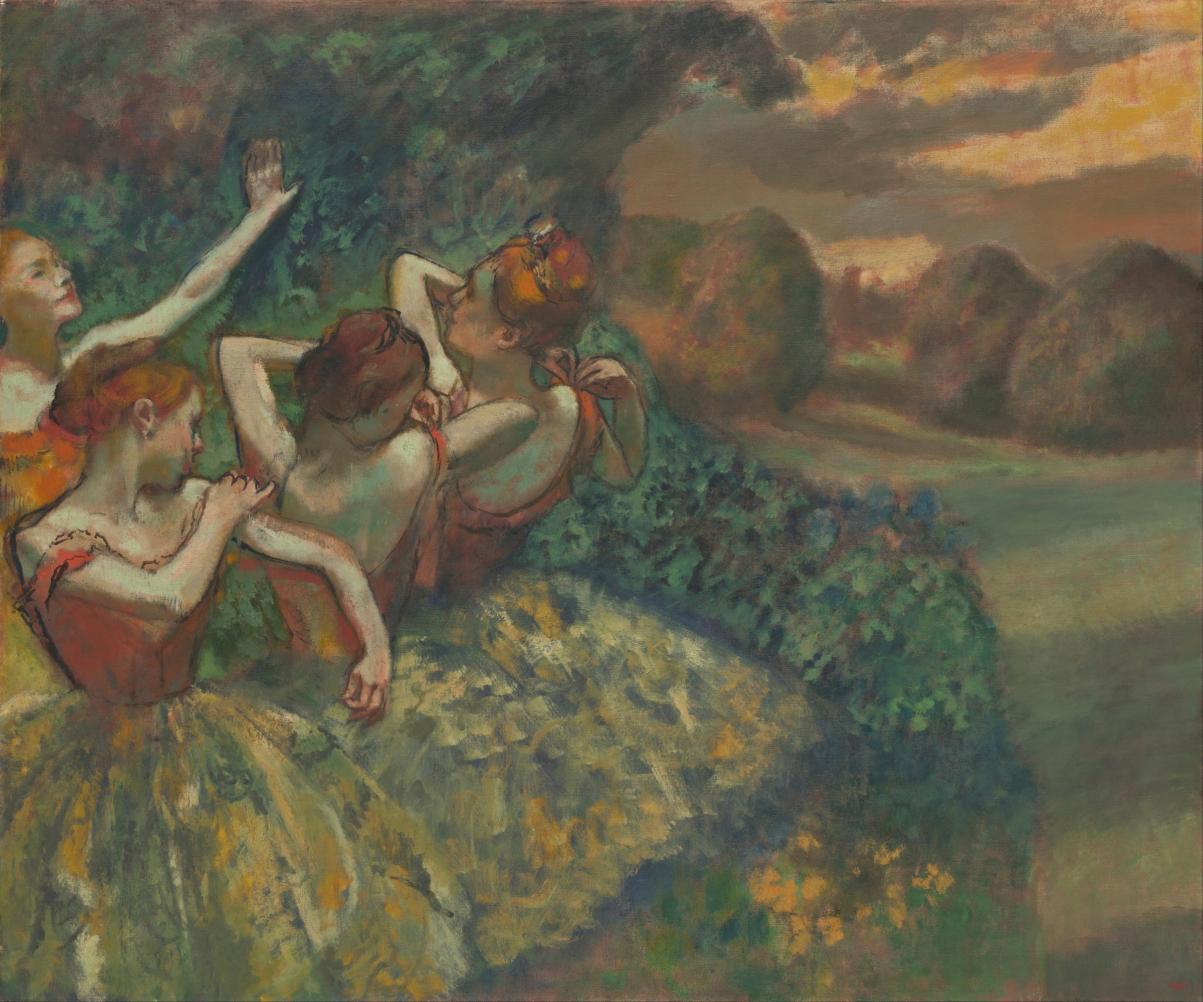 Four ballet dancers in tutus rest outdoors in a garden setting with green foliage and golden landscape behind them.