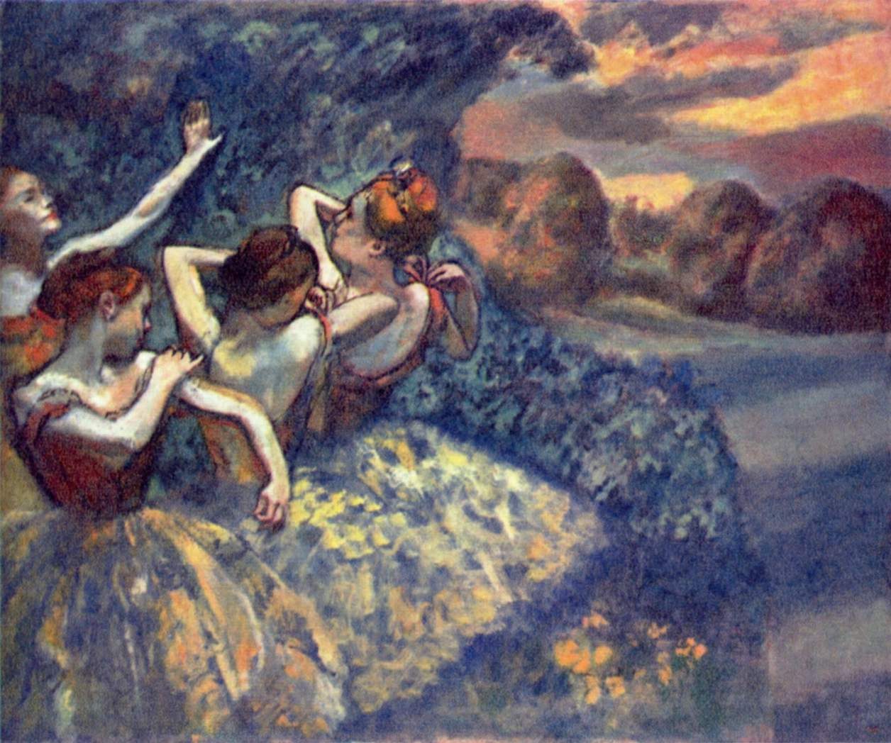 Four barefoot female dancers in classical tunics execute lifted, turning movements against a luminous landscape of forest and water.