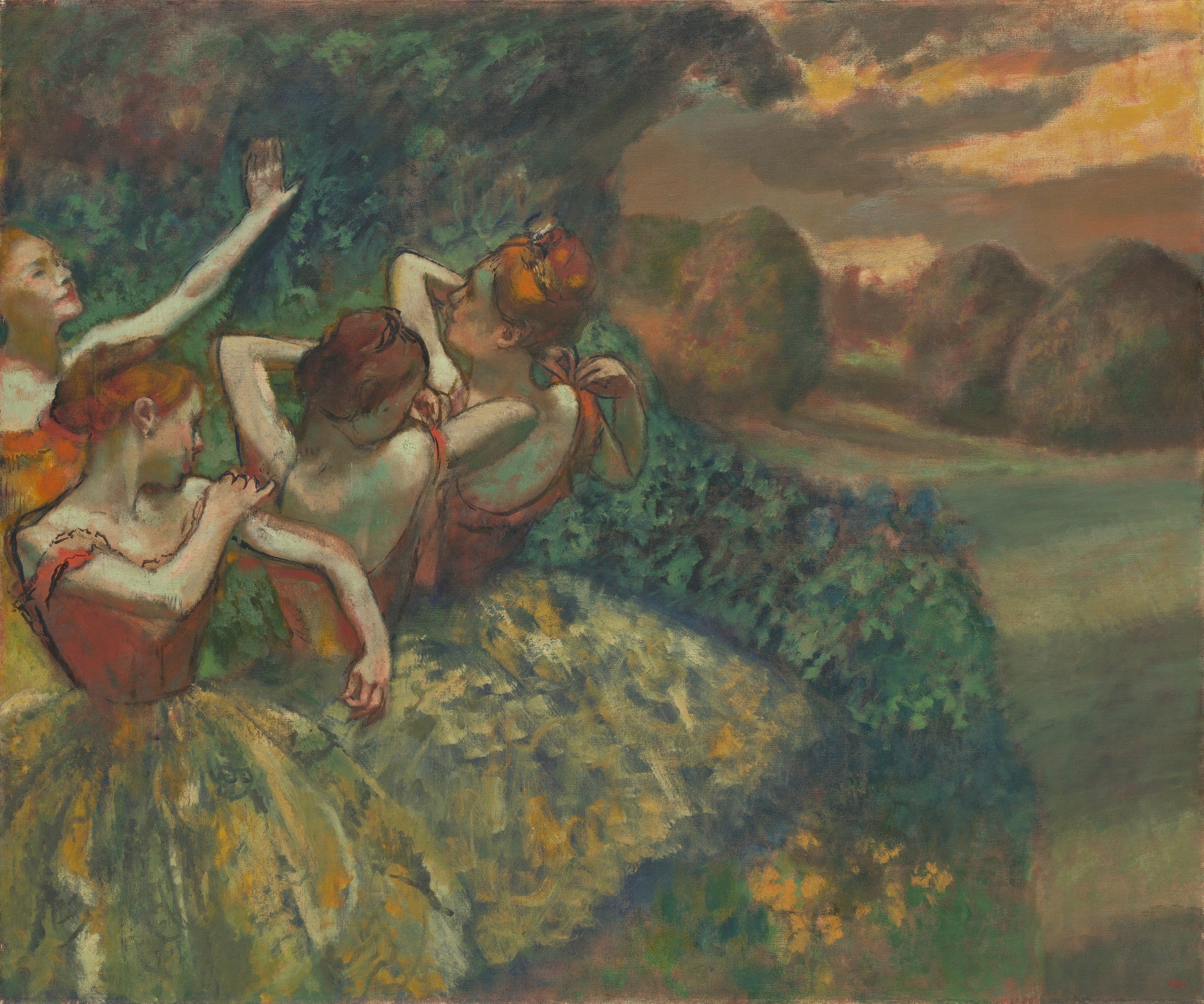 Four women in pale classical dress with red drapery dance in a sunlit landscape with dark foliage behind them.