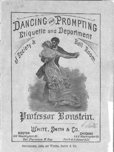 Engraved illustration of a woman in 1880s ballroom dress standing in formal posture with right arm extended, credited to Professor Bornstein.
