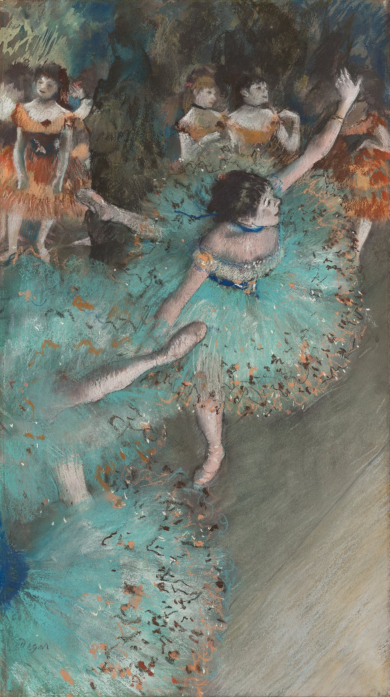 Six female ballet dancers in practice tutus in a studio or theatre wing, the central figure extended in an arched pose with arm raised.